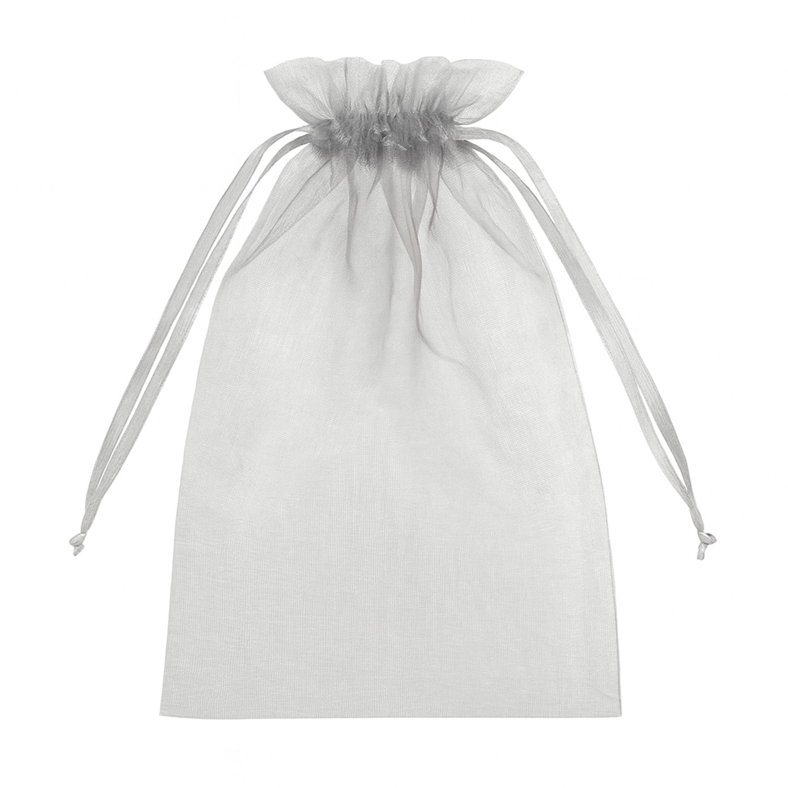 Silver organza gift bag with drawstring, 6" x 9", ideal for wedding favors. #whtbkgd