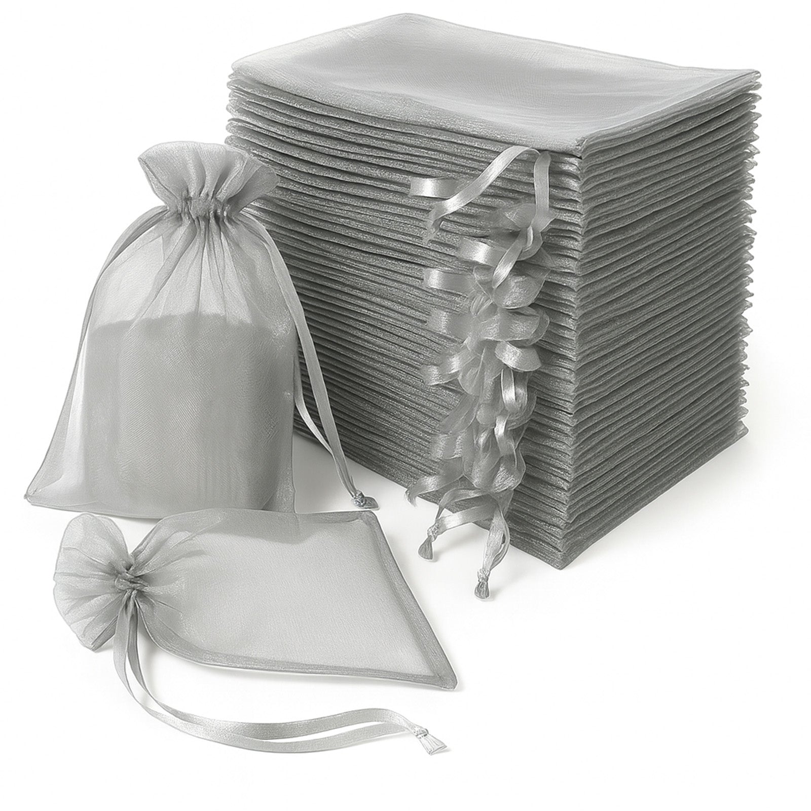 100 pack silver organza gift bags with drawstring, 6" x 9".