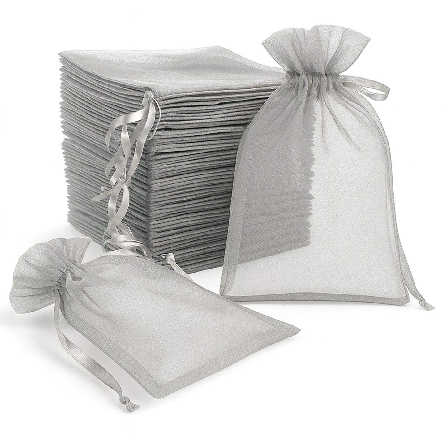 Silver organza gift bags with drawstring, 6" x 9", 100 pack.