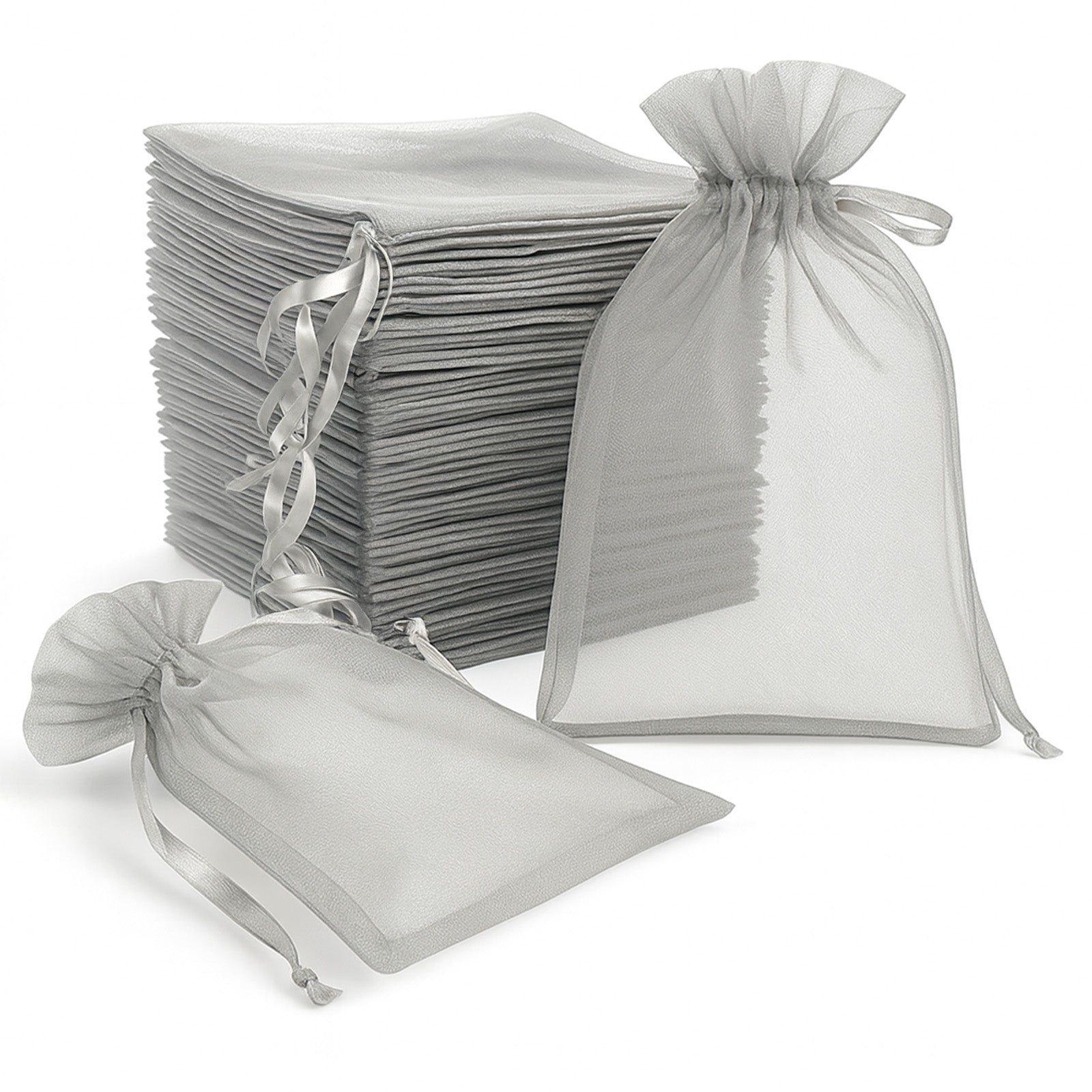 Silver organza gift bags with drawstring, 6" x 9", 100 pack.