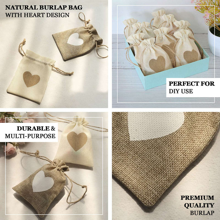 Natural ivory heart design gift bags in a rustic setting.