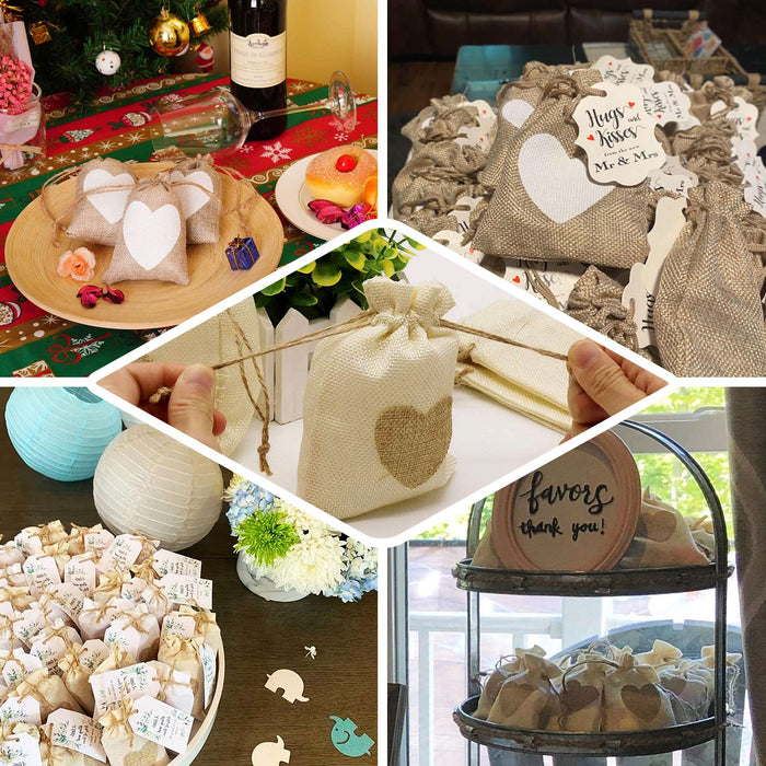 Natural heart design gift bags with drawstring, perfect for rustic weddings.