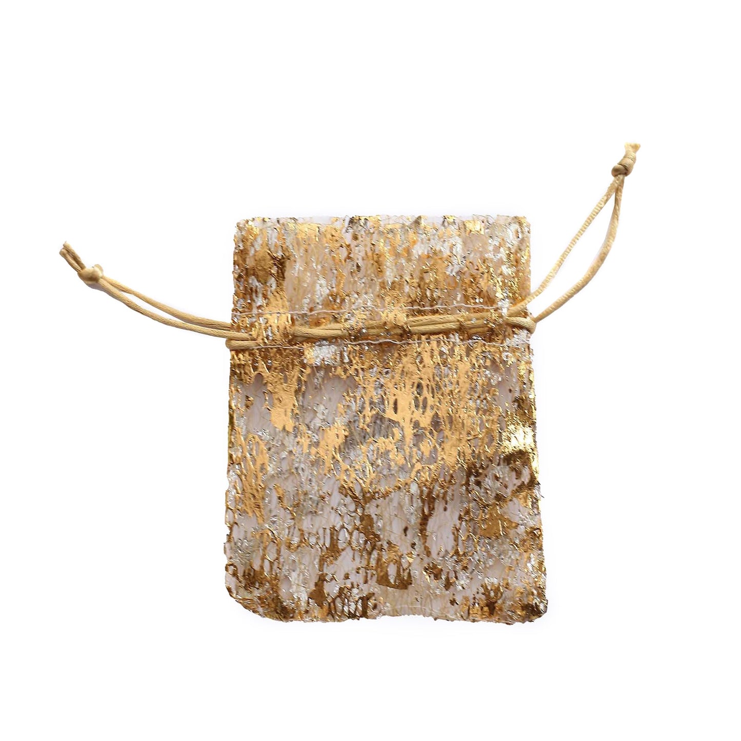 Metallic gold foil drawstring candy bag, perfect for wedding party favors.
