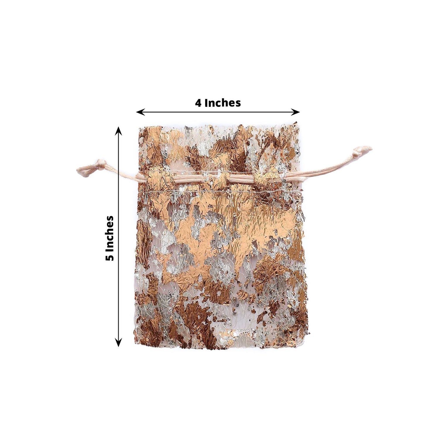 Metallic rose gold drawstring candy bag, 4"x5", perfect for weddings and parties.