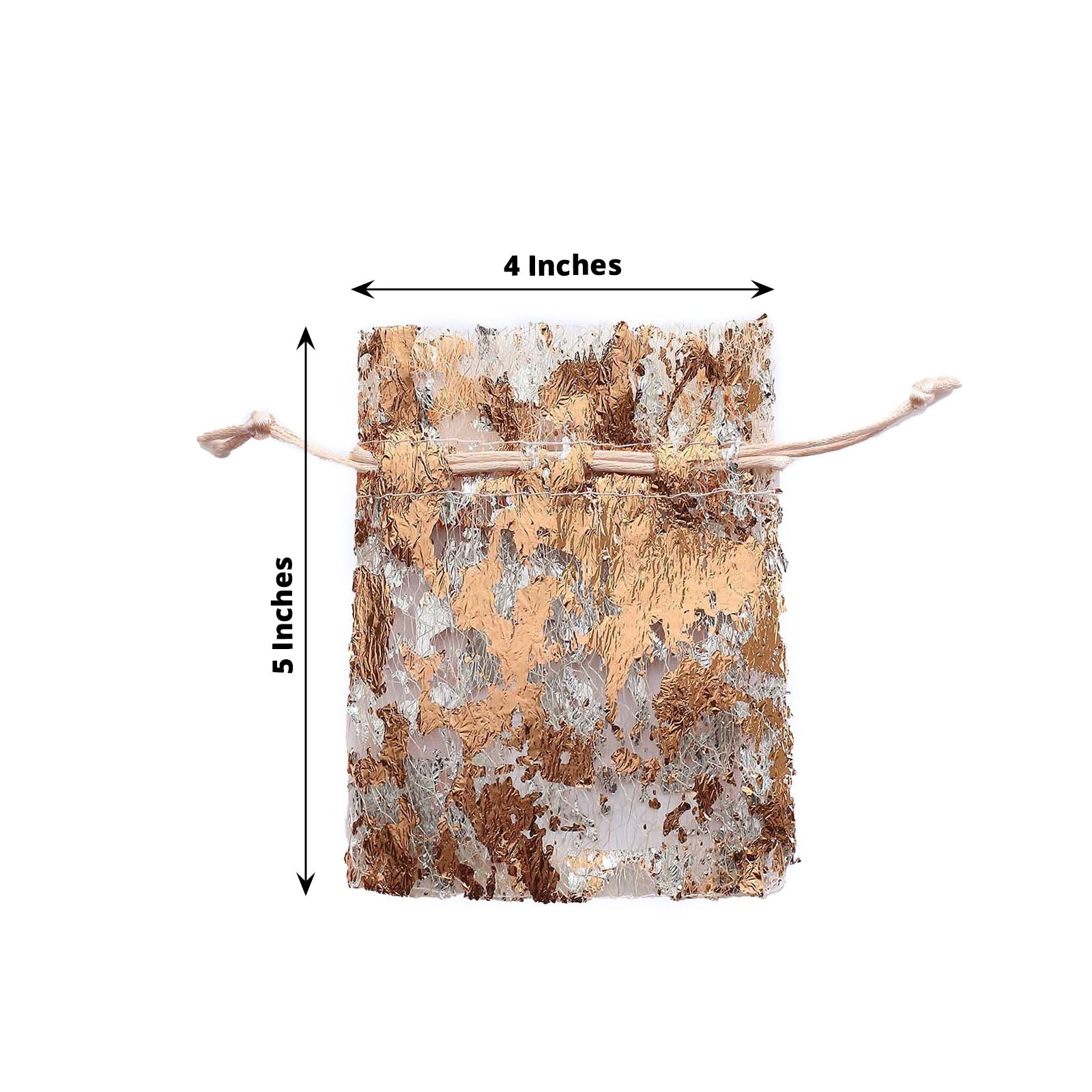 Metallic rose gold drawstring candy bag, 4"x5", perfect for weddings and parties.