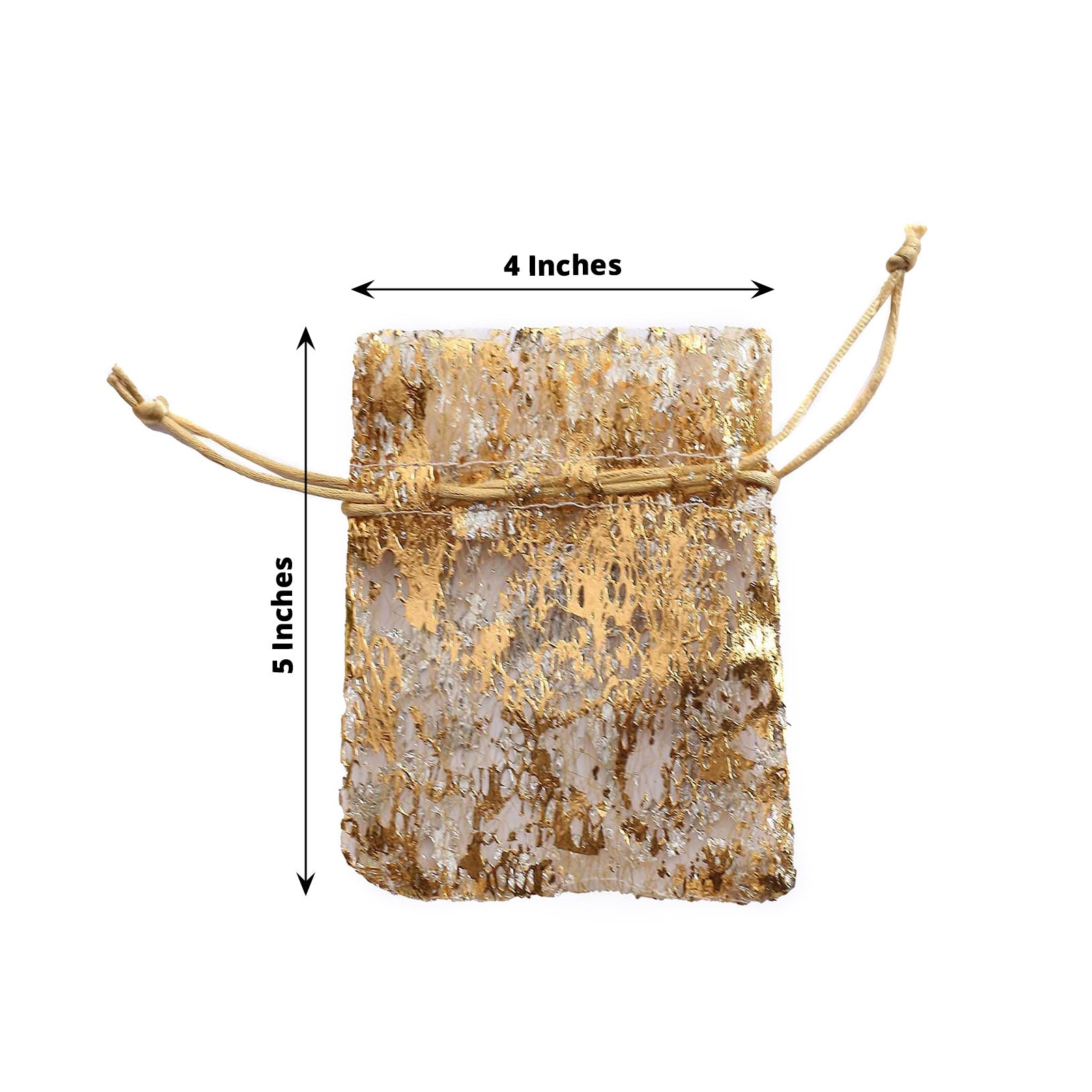 Metallic gold foil drawstring candy bag, 4"x5", perfect for wedding favors.