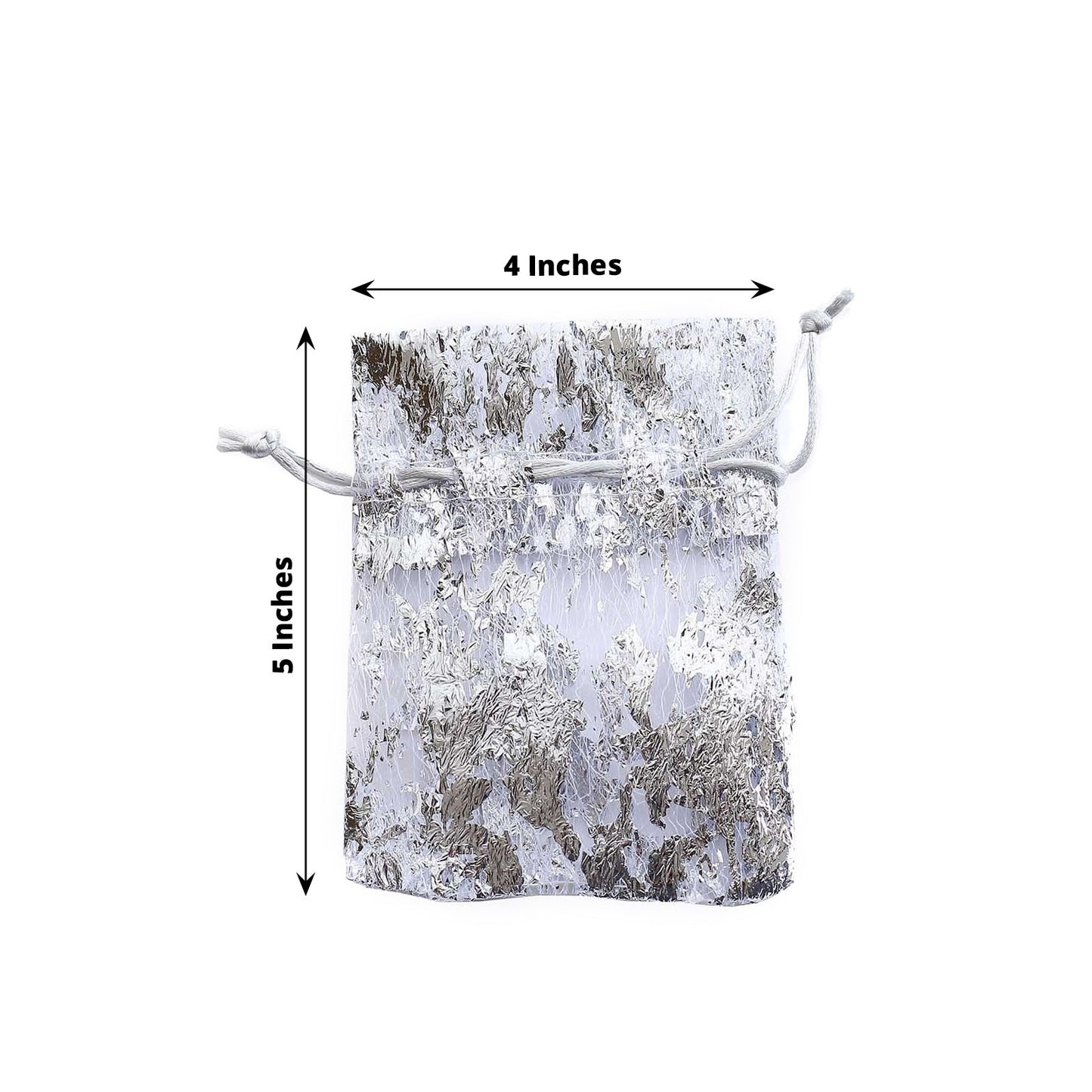Metallic silver foil drawstring candy bag, 4"x5", perfect for wedding favors.