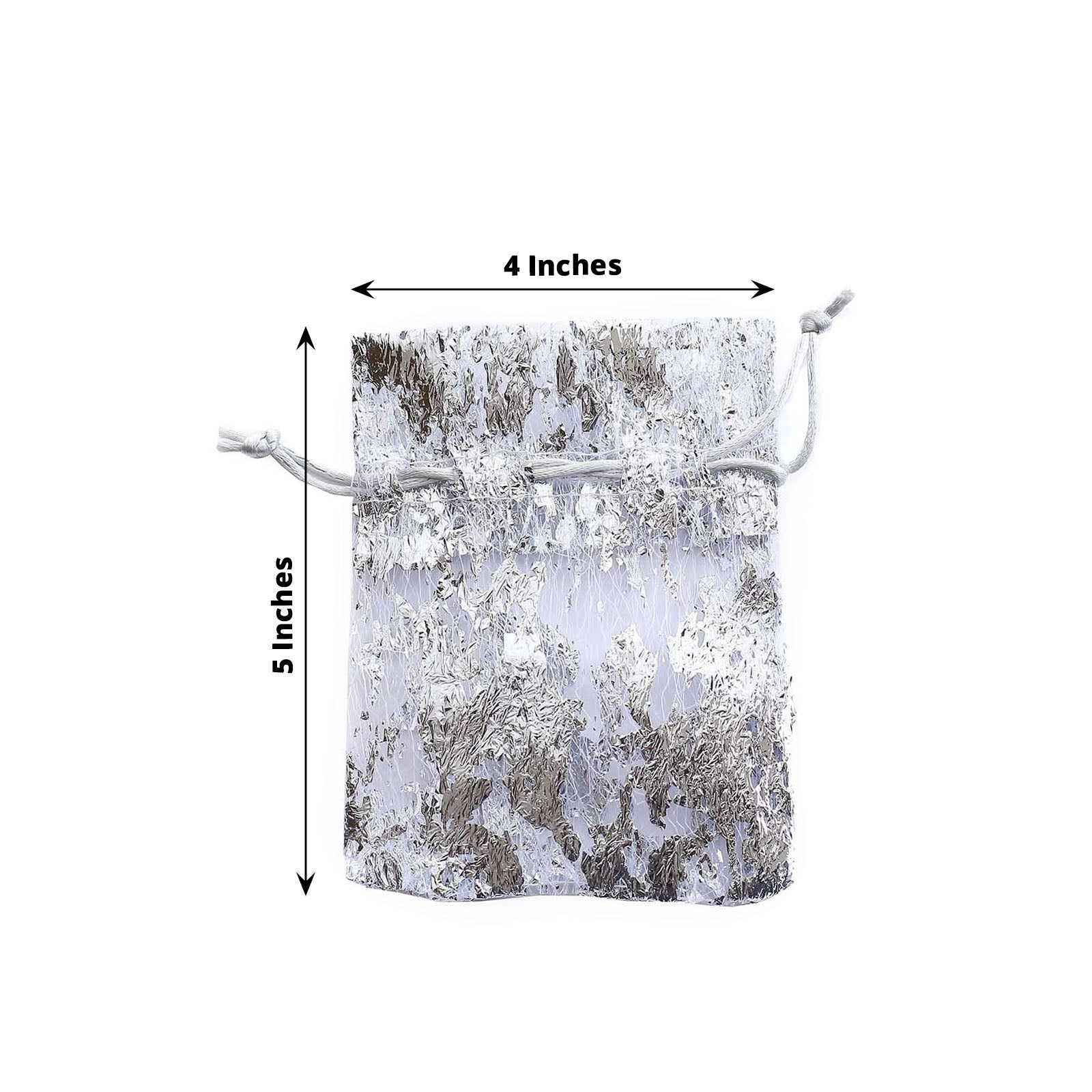 Metallic silver foil drawstring candy bag, 4"x5", perfect for wedding favors.
