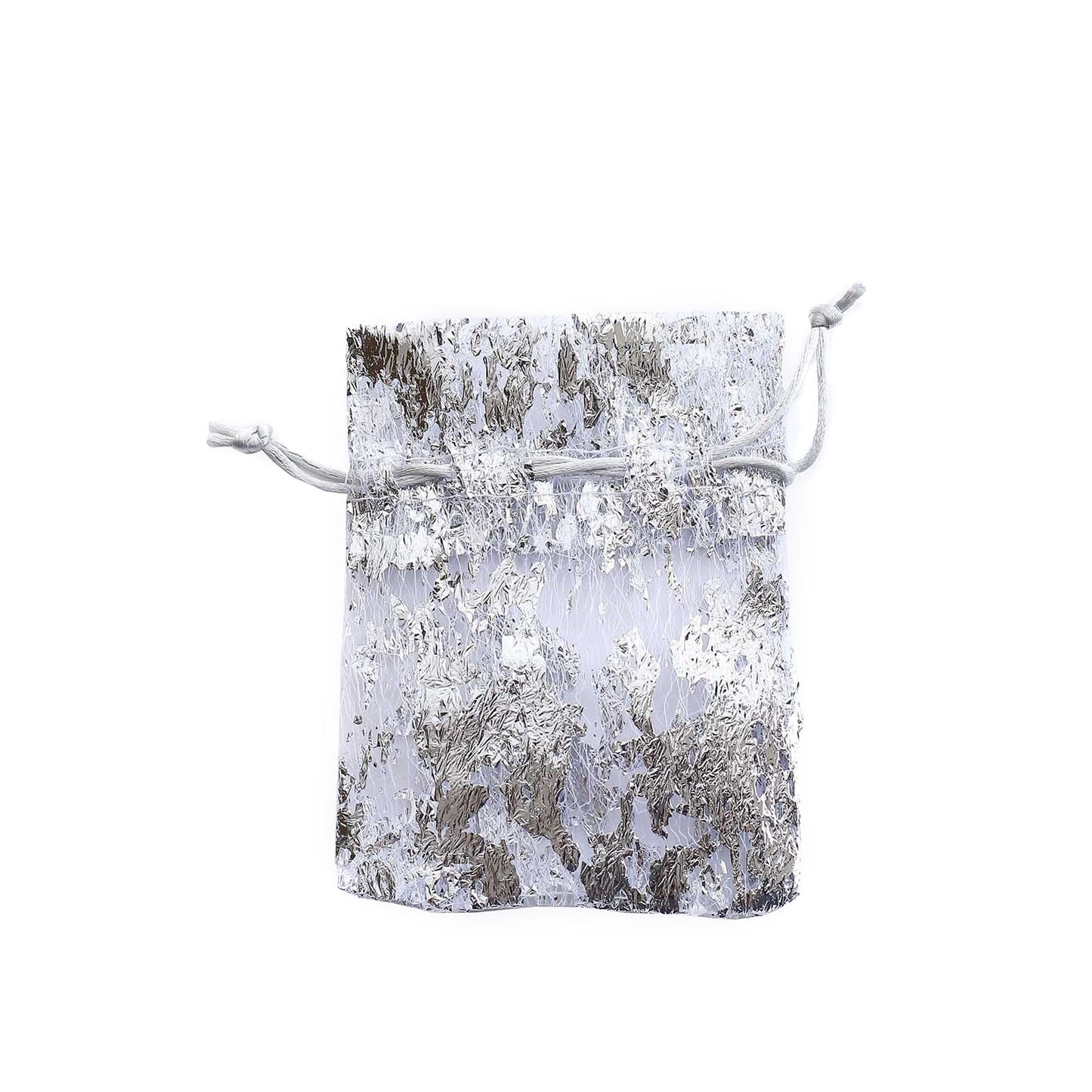 Metallic silver foil drawstring candy bag, 4"x5", ideal for wedding party favors.
