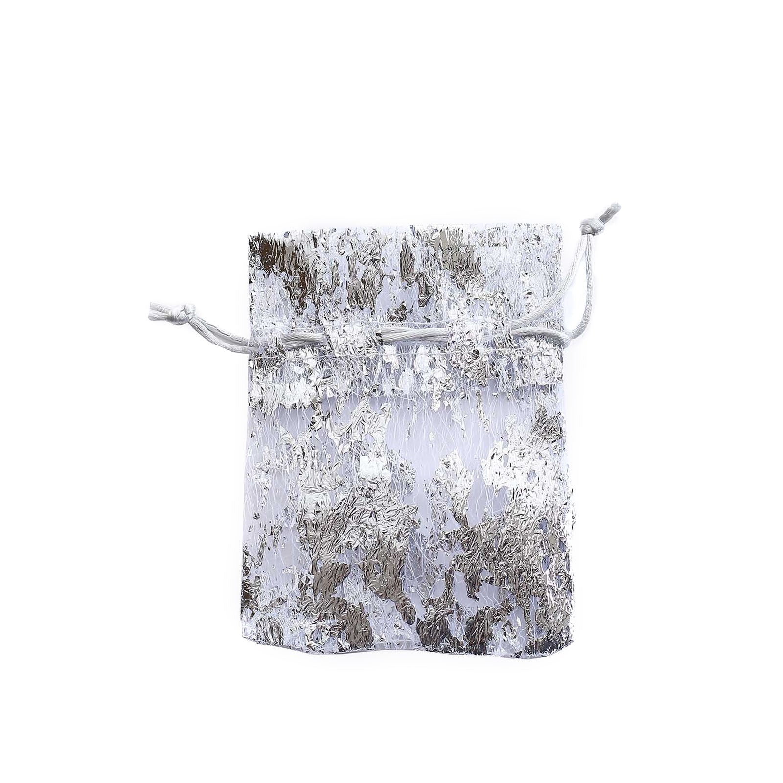 Metallic silver foil drawstring candy bag, 4"x5", ideal for wedding party favors.