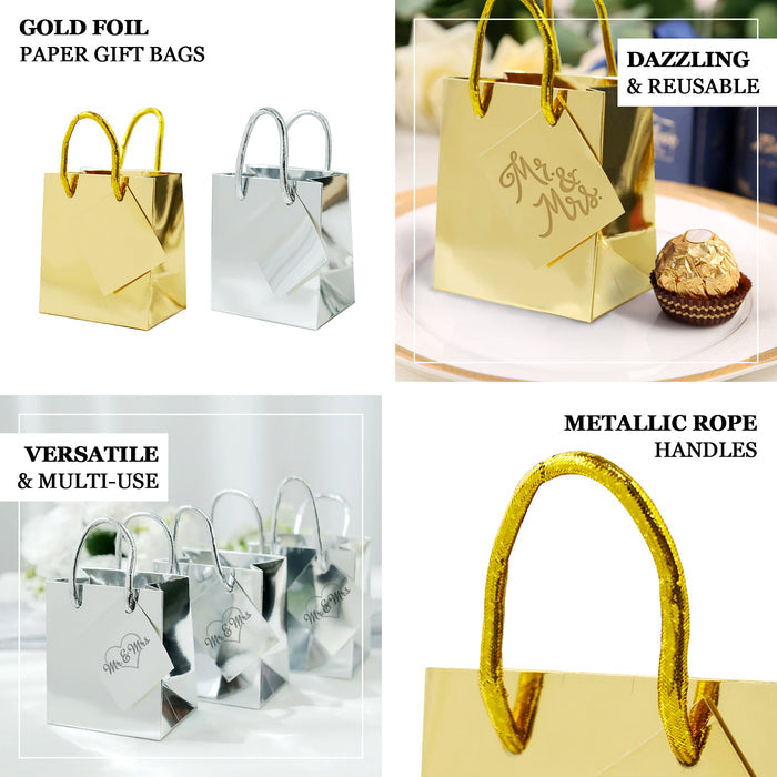 12 Pack | 5" Shiny Metallic Gold Foil Paper Gift Bags With Handles, Small Party Favor Goodie Bags