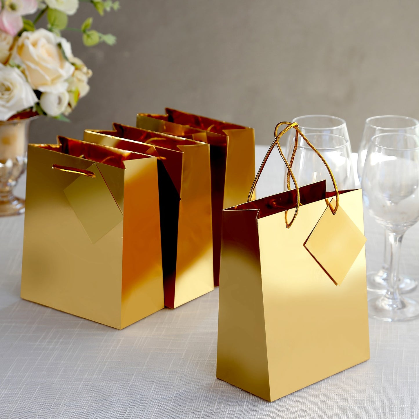 12 Pack Gold Foil Paper Party Favor Gift Bags with Handles, Shiny Metallic Euro Tote Bags - 7"