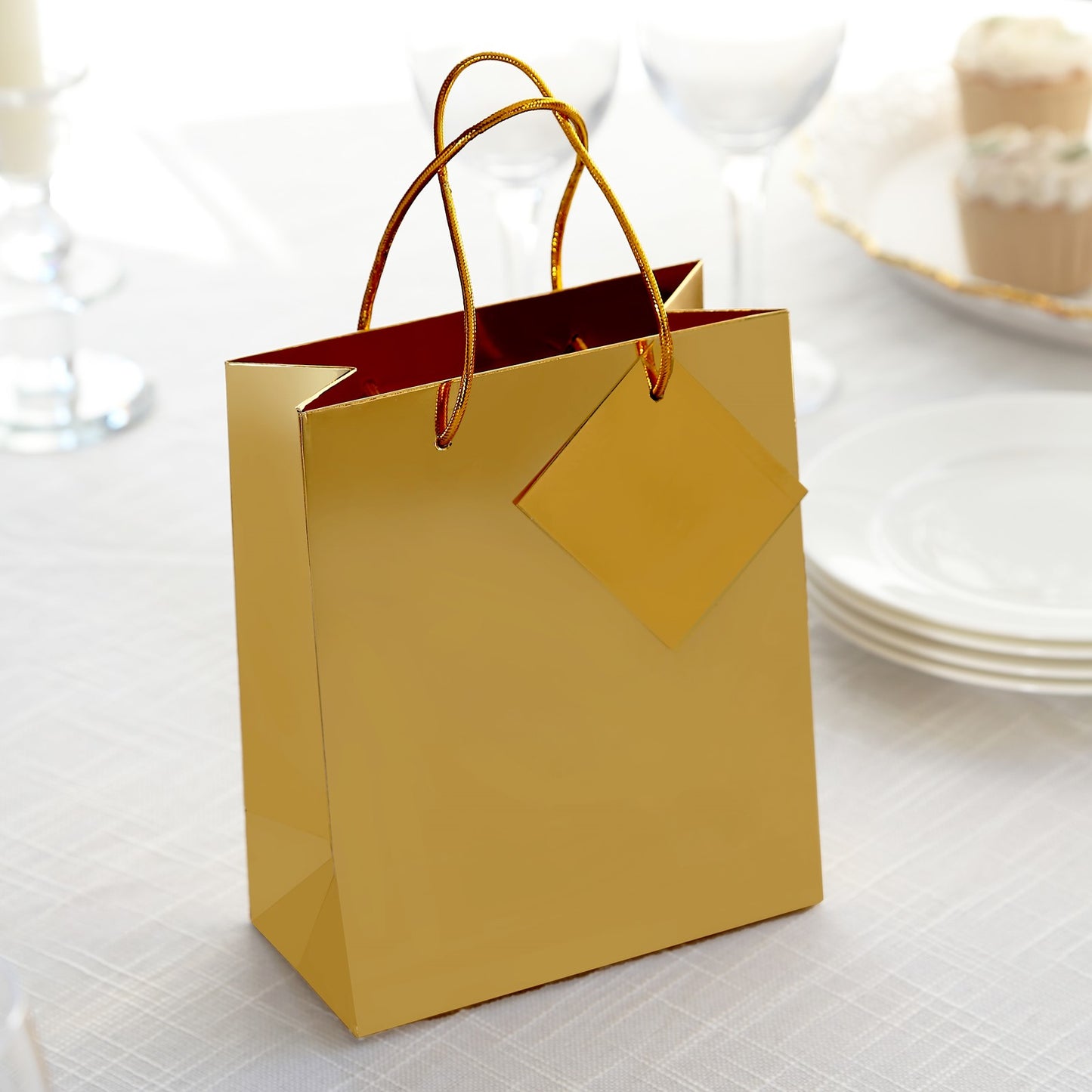 12 Pack Gold Foil Paper Party Favor Gift Bags with Handles, Shiny Metallic Euro Tote Bags - 7"