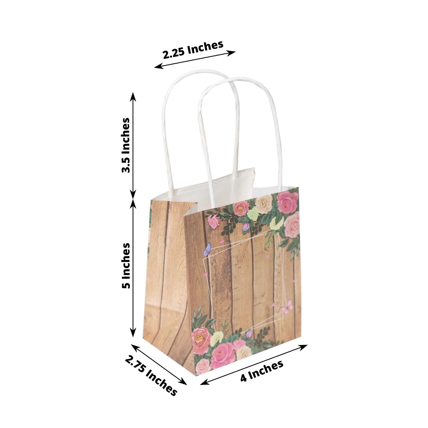 12 Pack Natural Wood Print Paper Party Favor Bags with Rose Floral Accent, Small Gift Goodie Bags With Handles - 4"x5"