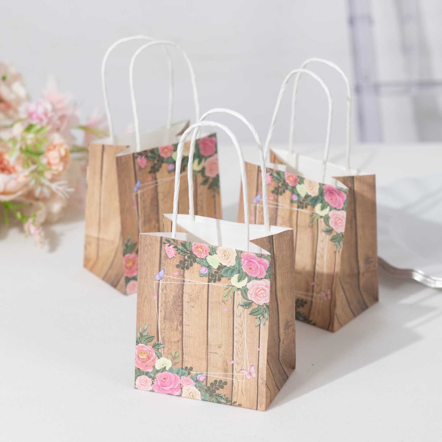 12 Pack Natural Wood Print Paper Party Favor Bags with Rose Floral Accent, Small Gift Goodie Bags With Handles - 4"x5"