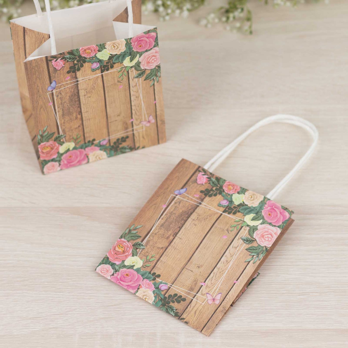 12 Pack Natural Wood Print Paper Party Favor Bags with Rose Floral Accent, Small Gift Goodie Bags With Handles - 4"x5"