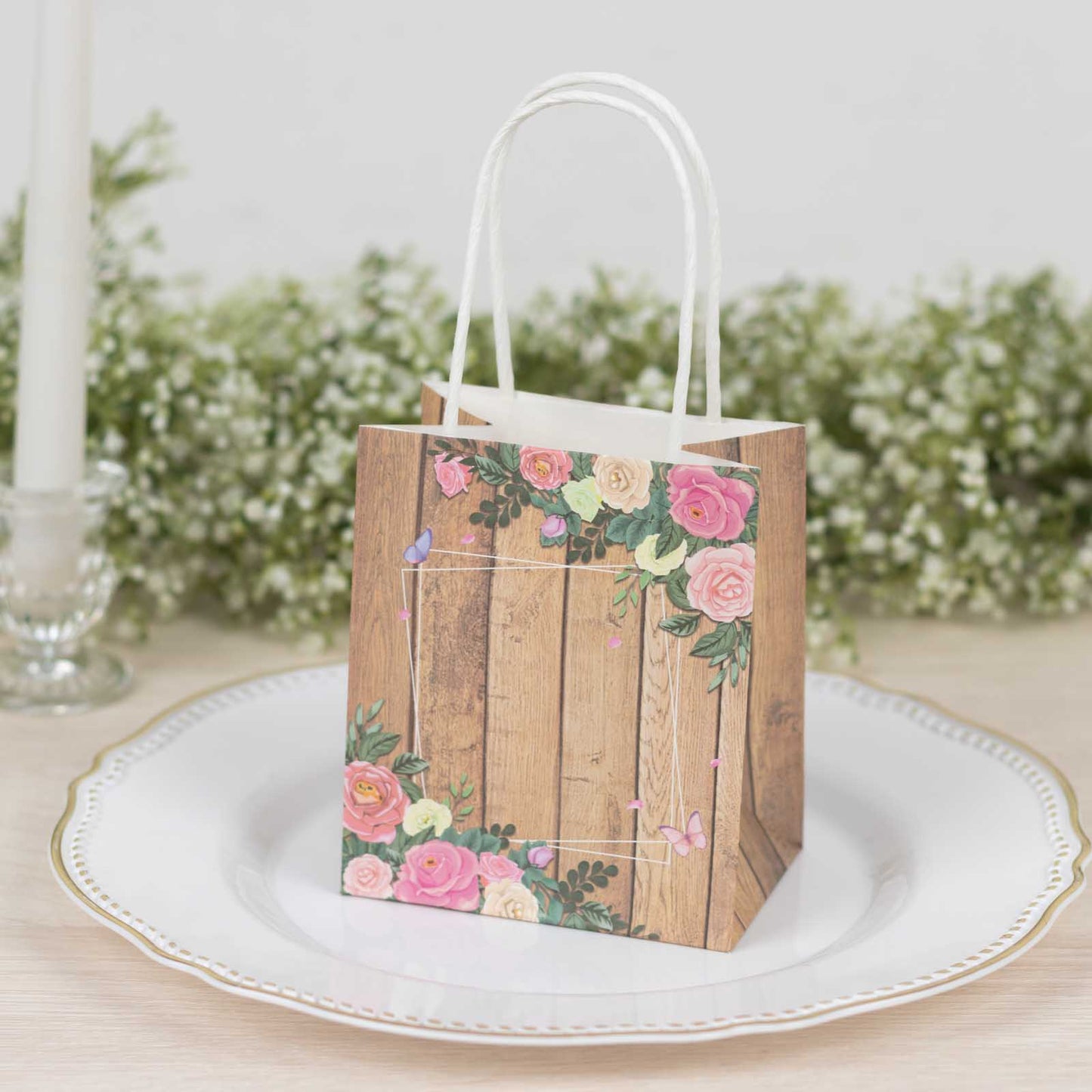 12 Pack Natural Wood Print Paper Party Favor Bags with Rose Floral Accent, Small Gift Goodie Bags With Handles - 4"x5"