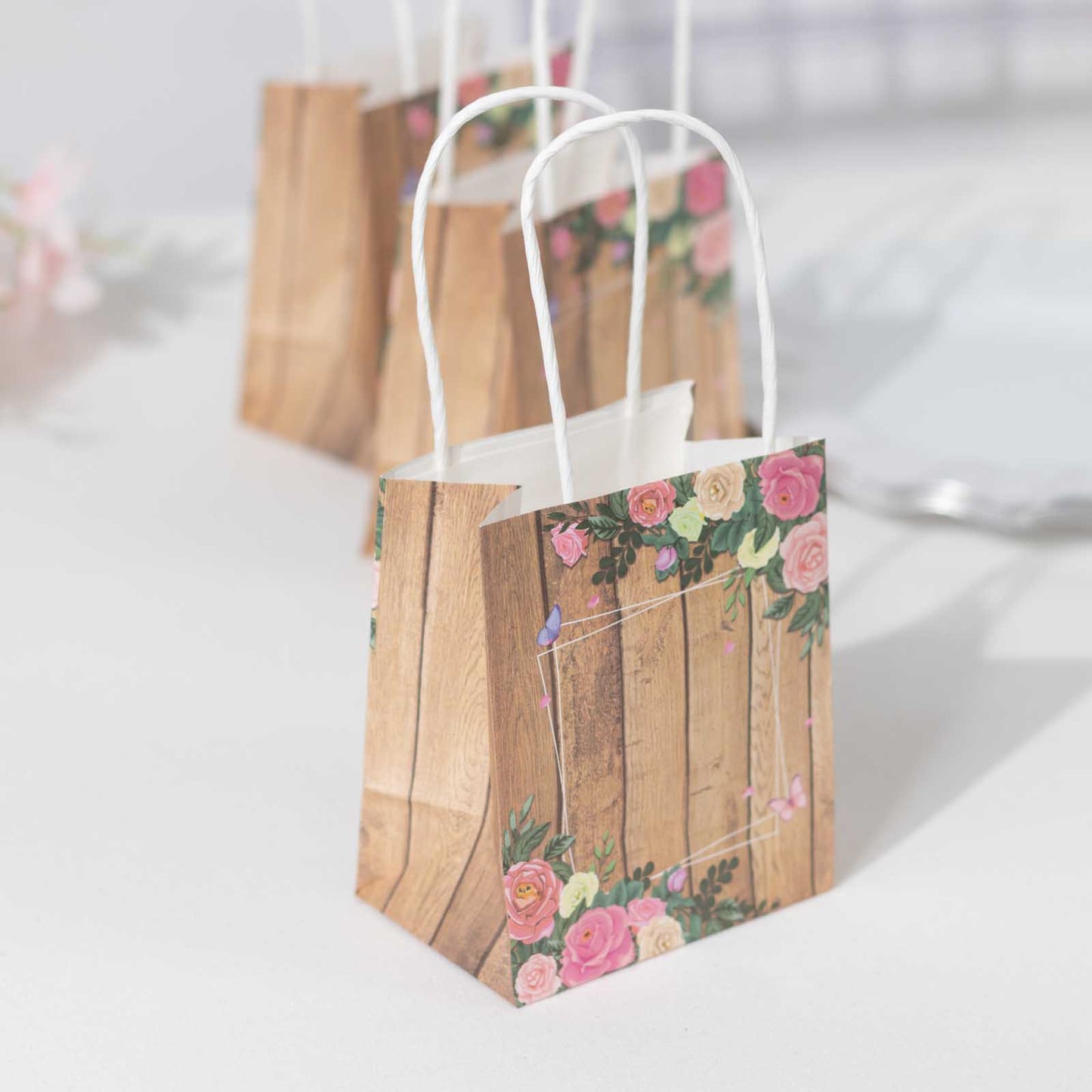 12 Pack Natural Wood Print Paper Party Favor Bags with Rose Floral Accent, Small Gift Goodie Bags With Handles - 4"x5"