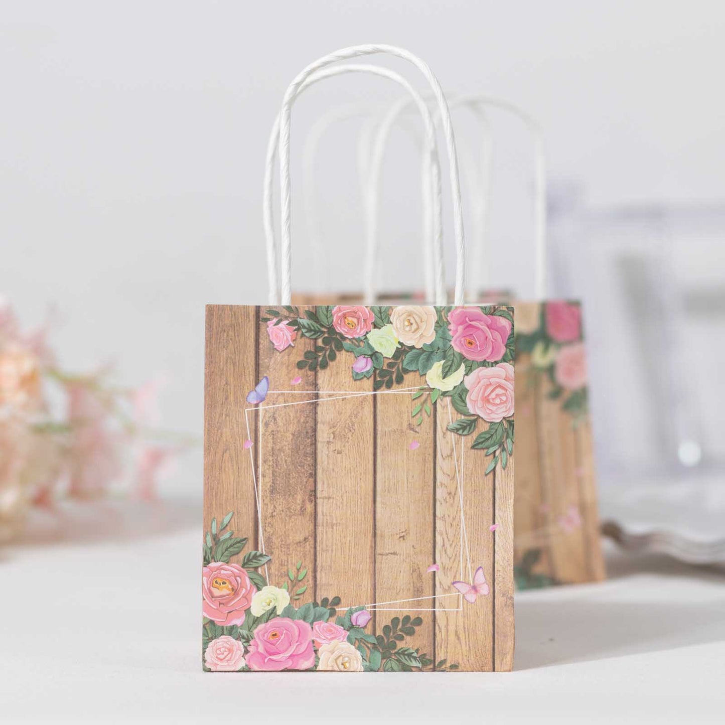 12 Pack Natural Wood Print Paper Party Favor Bags with Rose Floral Accent, Small Gift Goodie Bags With Handles - 4"x5"