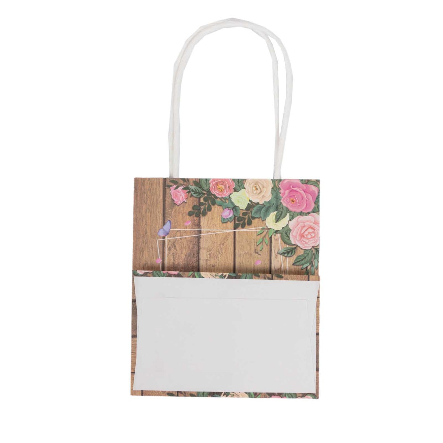 12 Pack Natural Wood Print Paper Party Favor Bags with Rose Floral Accent, Small Gift Goodie Bags With Handles - 4"x5"