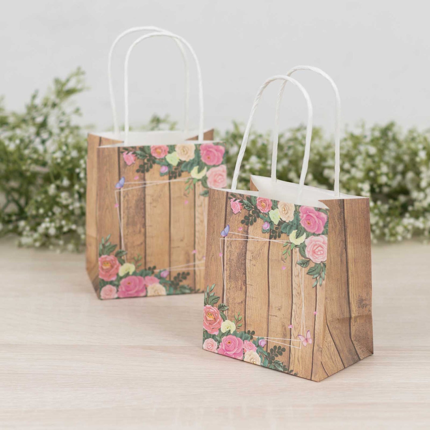 12 Pack Natural Wood Print Paper Party Favor Bags with Rose Floral Accent, Small Gift Goodie Bags With Handles - 4"x5"