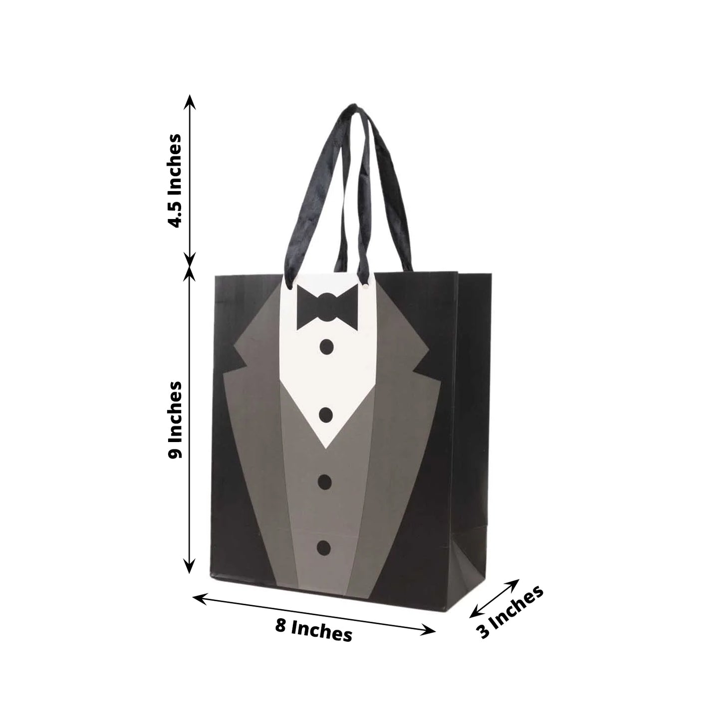 12 Pack White Black Tuxedo Paper Party Favor Goodie Bags With Satin Handles, Reusable Wedding Gift Tote Bags - 8"x9"