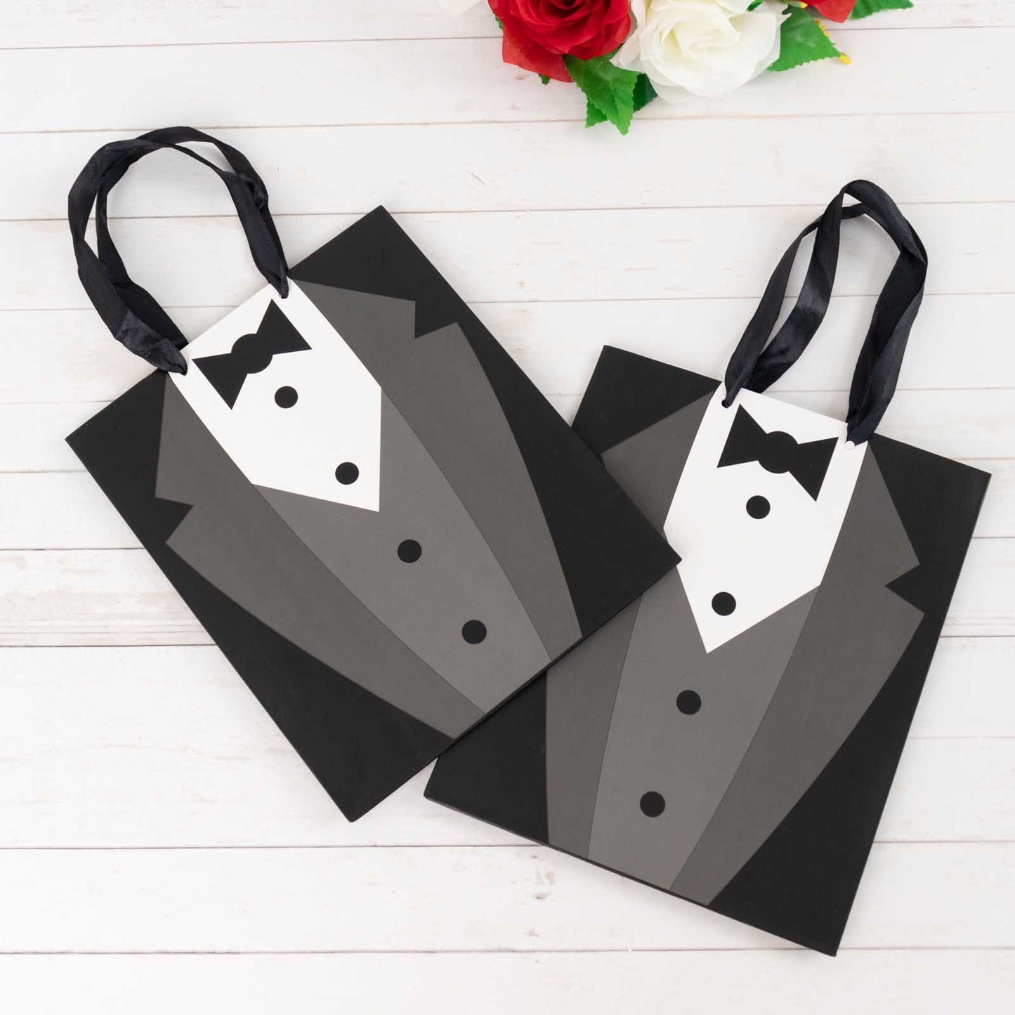 12 Pack White Black Tuxedo Paper Party Favor Goodie Bags With Satin Handles, Reusable Wedding Gift Tote Bags - 8"x9"