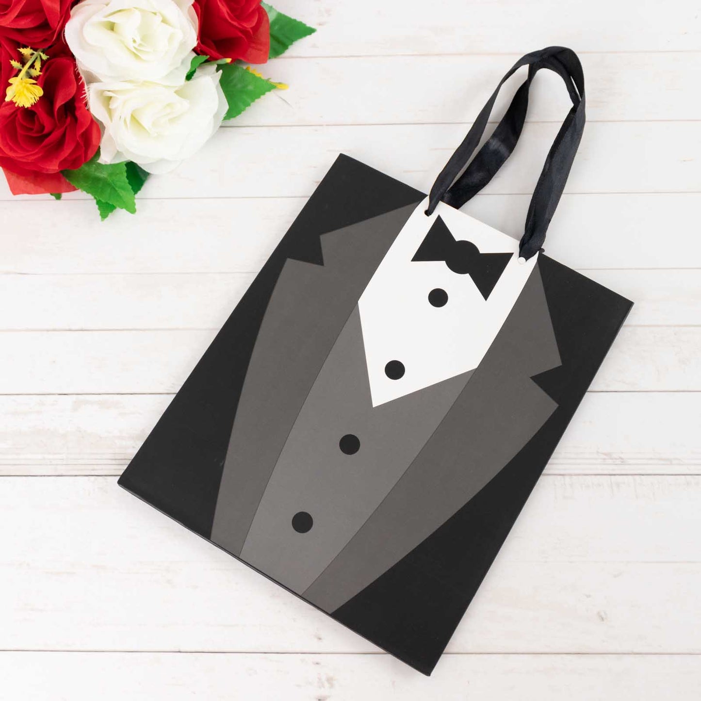 12 Pack White Black Tuxedo Paper Party Favor Goodie Bags With Satin Handles, Reusable Wedding Gift Tote Bags - 8"x9"