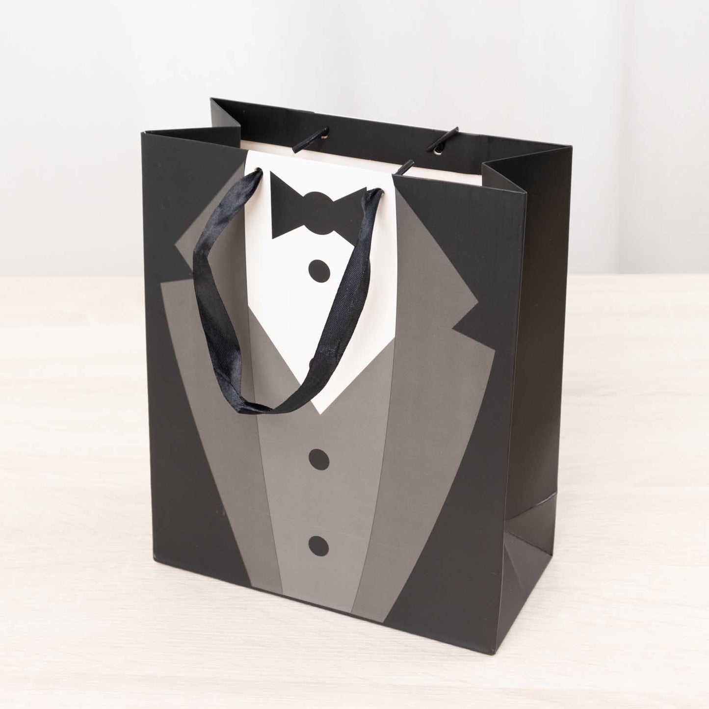 12 Pack White Black Tuxedo Paper Party Favor Goodie Bags With Satin Handles, Reusable Wedding Gift Tote Bags - 8"x9"