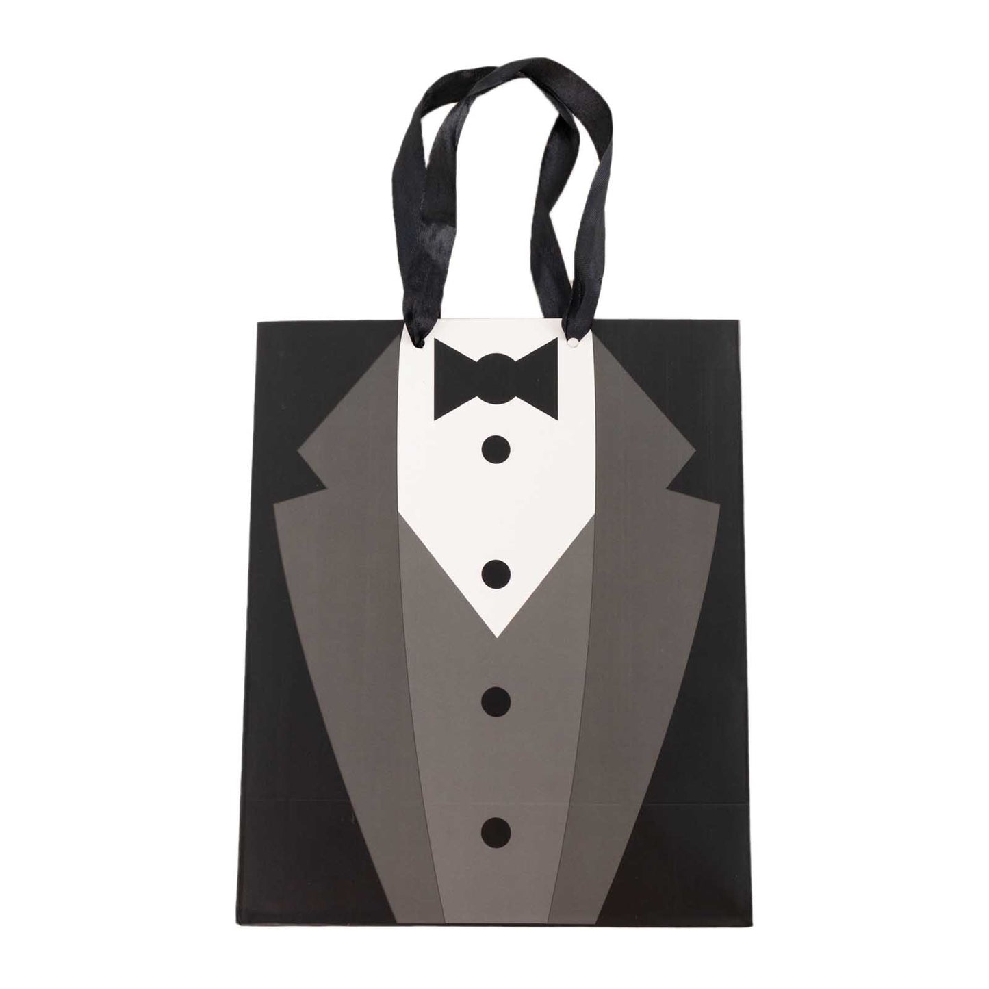 12 Pack White Black Tuxedo Paper Party Favor Goodie Bags With Satin Handles, Reusable Wedding Gift Tote Bags - 8"x9"