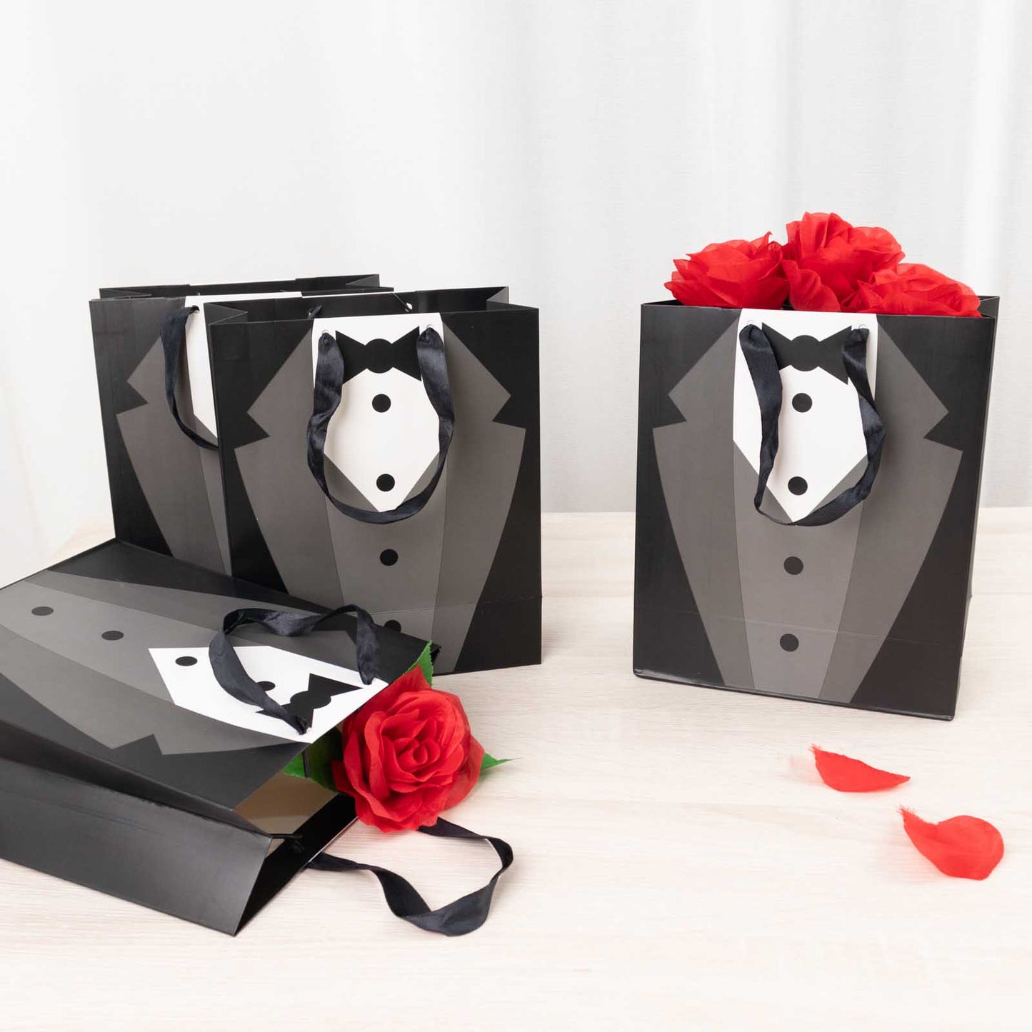 12 Pack White Black Tuxedo Paper Party Favor Goodie Bags With Satin Handles, Reusable Wedding Gift Tote Bags - 8"x9"