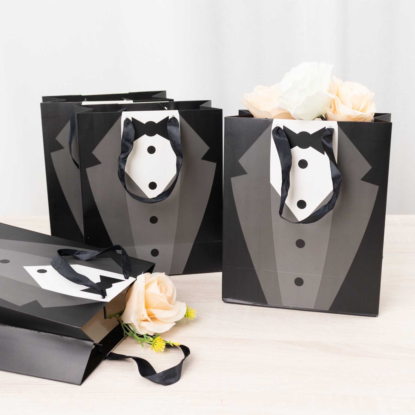 12 Pack White Black Tuxedo Paper Party Favor Goodie Bags With Satin Handles, Reusable Wedding Gift Tote Bags - 8"x9"