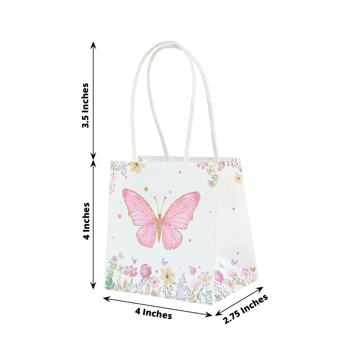 12 Pack Pink Glitter Butterfly Paper Favor Bags With Handles, Floral Print White Goodie Gift Bags - 4"x4"