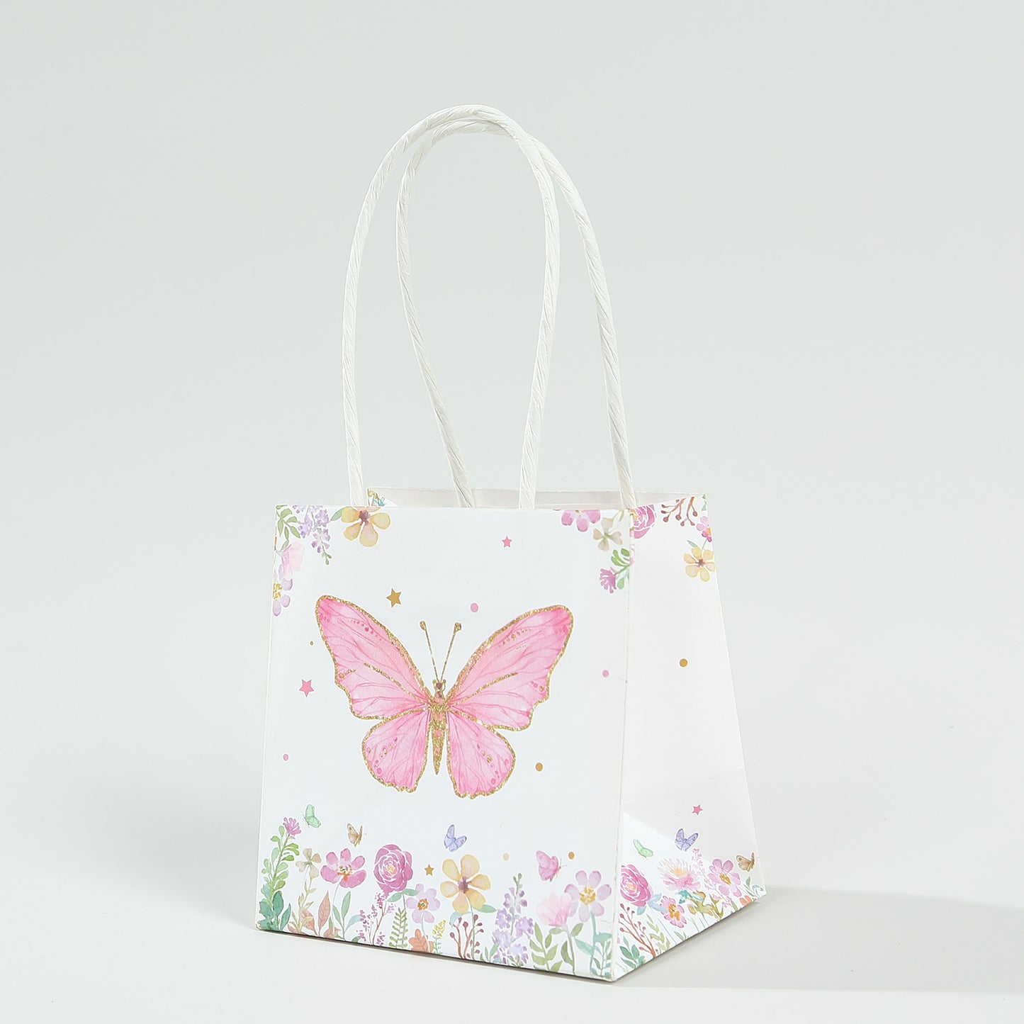 12 Pack Pink Glitter Butterfly Paper Favor Bags With Handles, Floral Print White Goodie Gift Bags - 4"x4"