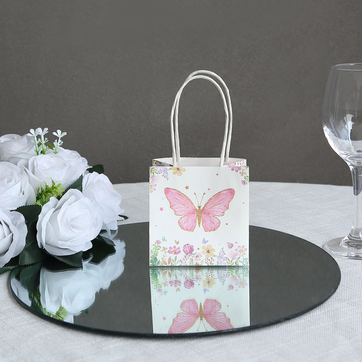 12 Pack Pink Glitter Butterfly Paper Favor Bags With Handles, Floral Print White Goodie Gift Bags - 4"x4"