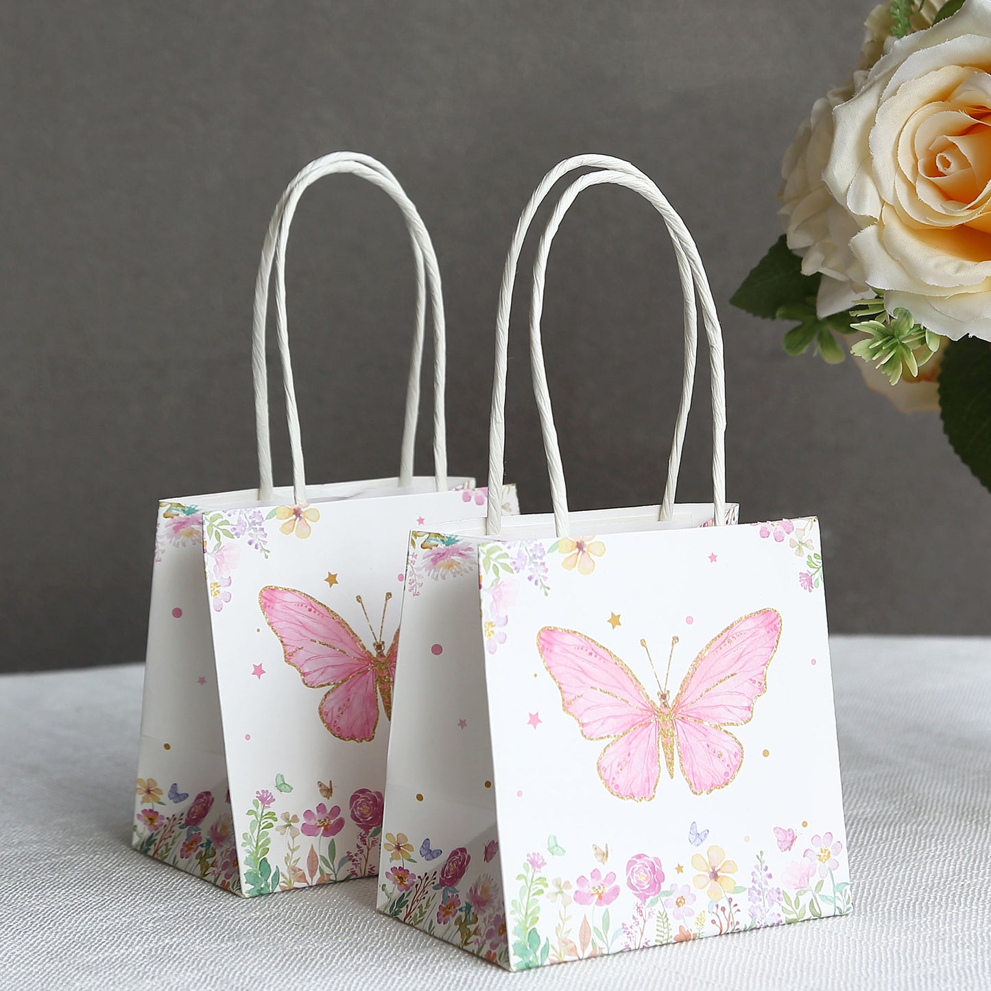 12 Pack Pink Glitter Butterfly Paper Favor Bags With Handles, Floral Print White Goodie Gift Bags - 4"x4"