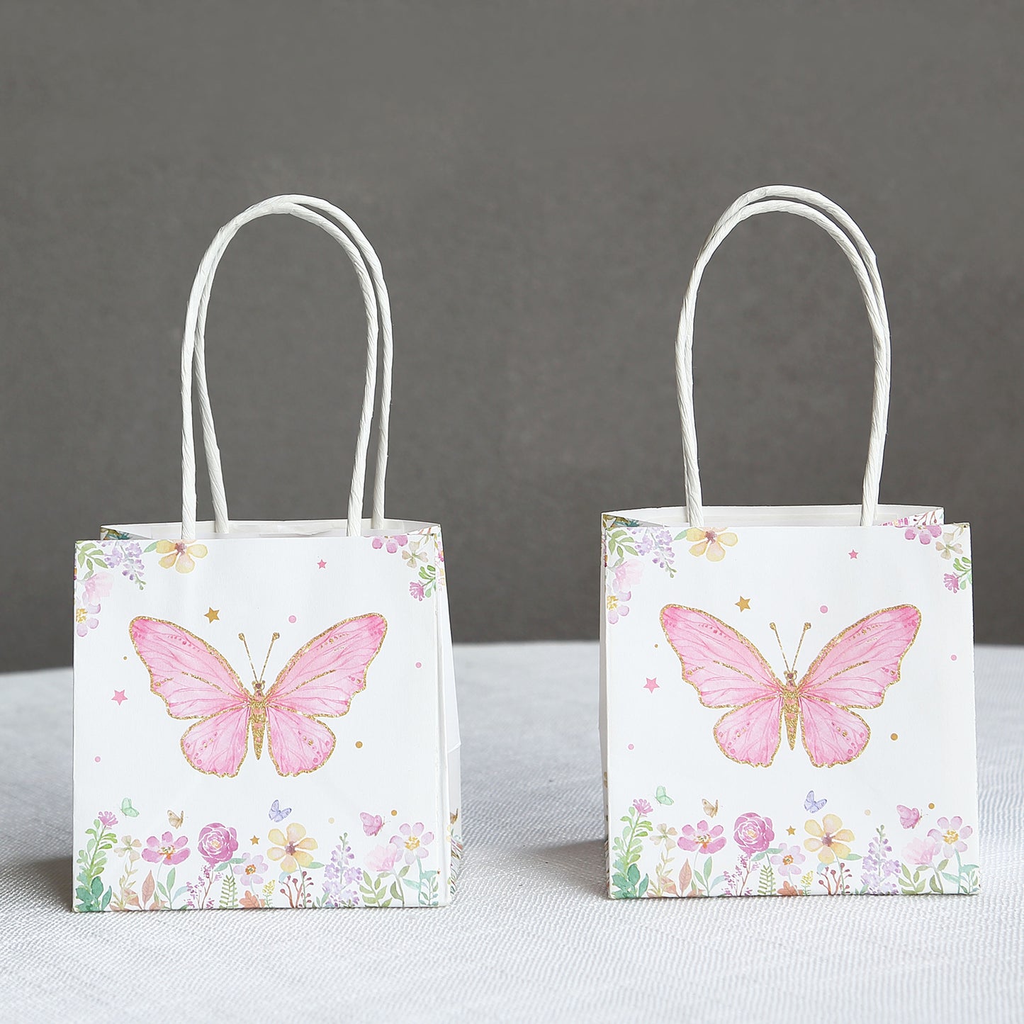 12 Pack Pink Glitter Butterfly Paper Favor Bags With Handles, Floral Print White Goodie Gift Bags - 4"x4"