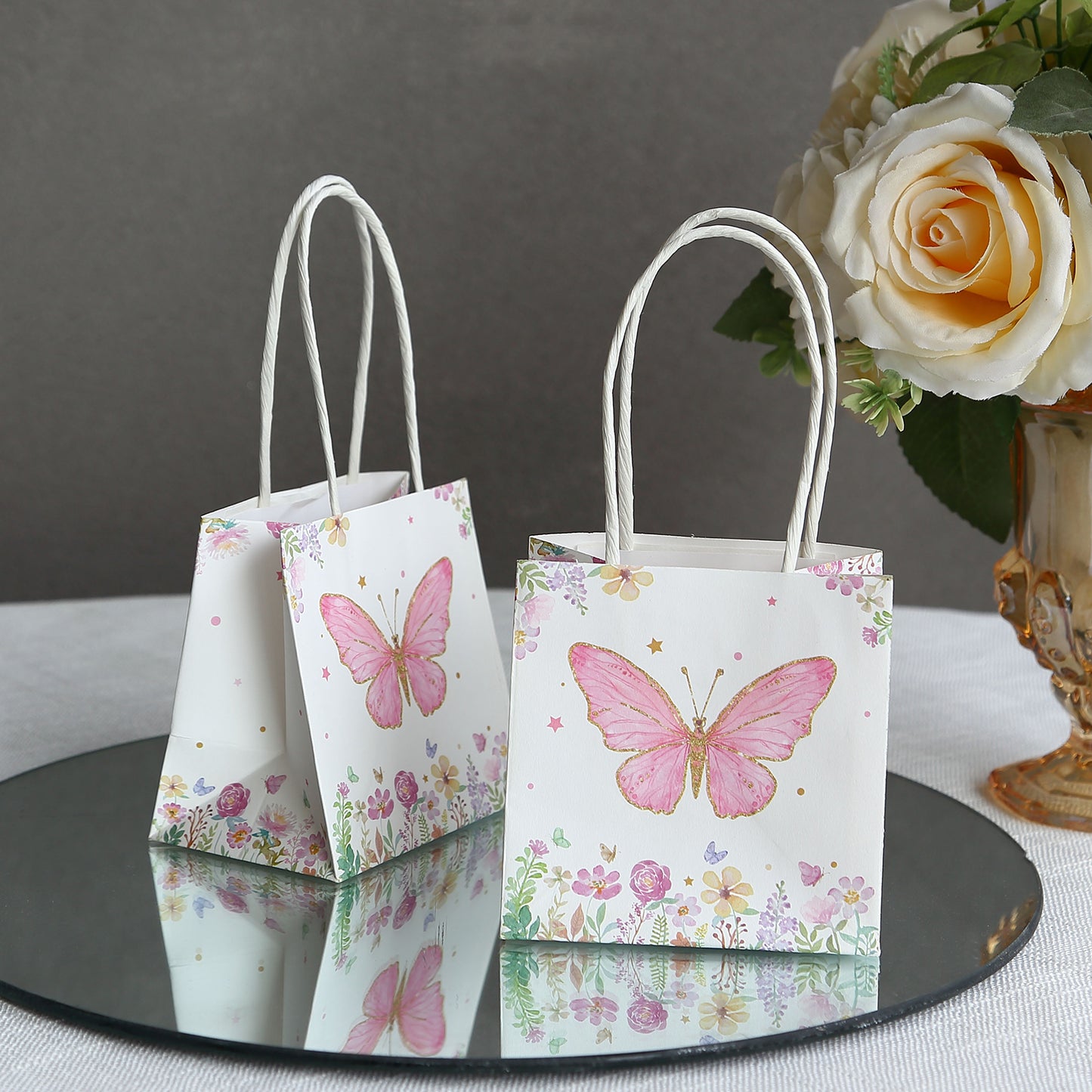 12 Pack Pink Glitter Butterfly Paper Favor Bags With Handles, Floral Print White Goodie Gift Bags - 4"x4"