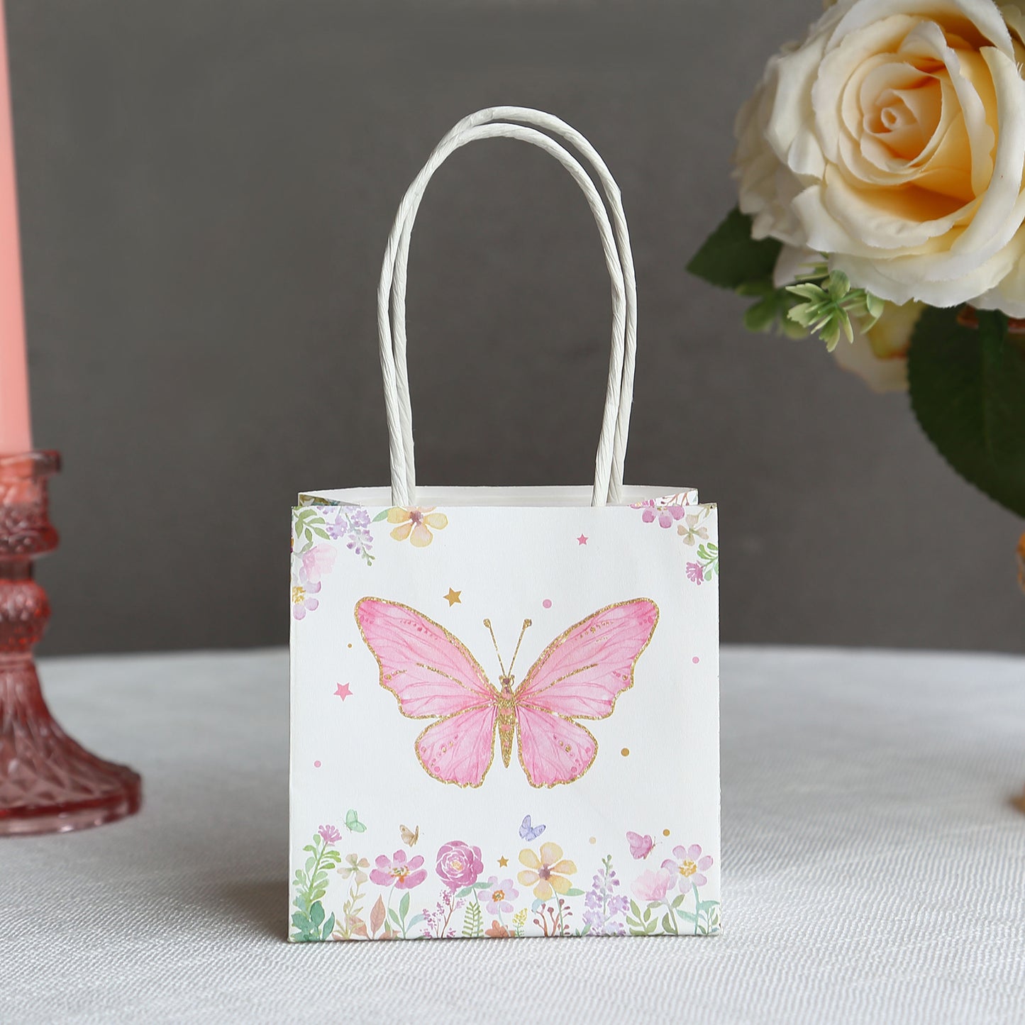 12 Pack Pink Glitter Butterfly Paper Favor Bags With Handles, Floral Print White Goodie Gift Bags - 4"x4"