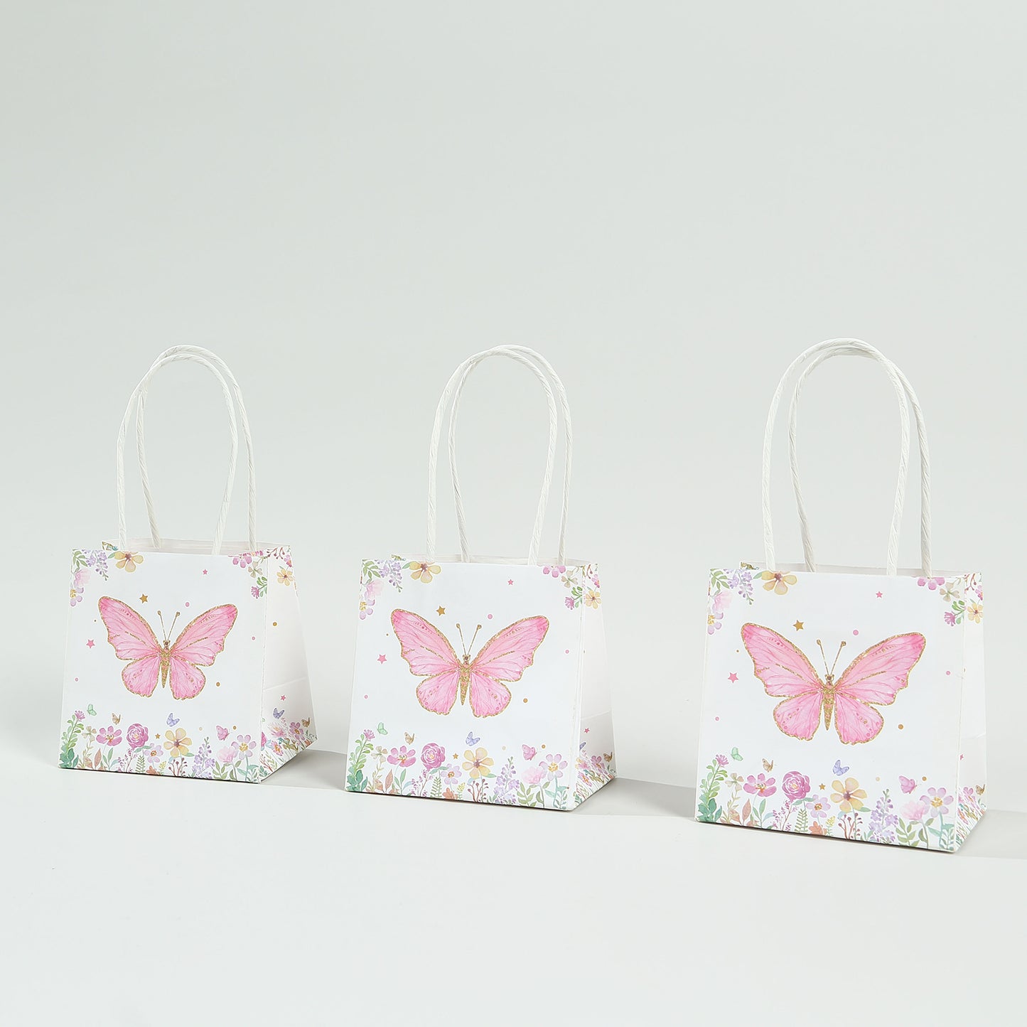 12 Pack Pink Glitter Butterfly Paper Favor Bags With Handles, Floral Print White Goodie Gift Bags - 4"x4"