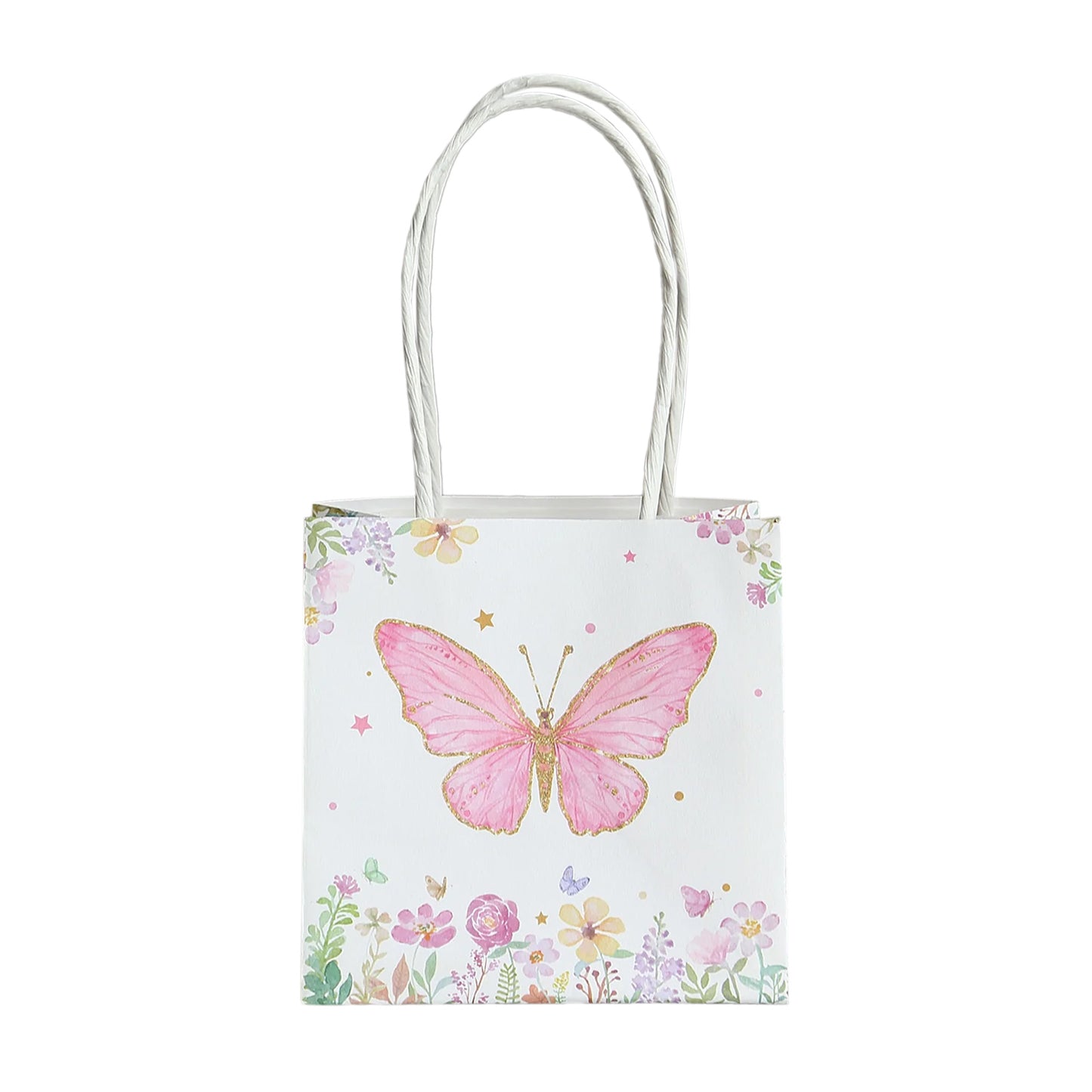 12 Pack Pink Glitter Butterfly Paper Favor Bags With Handles, Floral Print White Goodie Gift Bags - 4"x4"