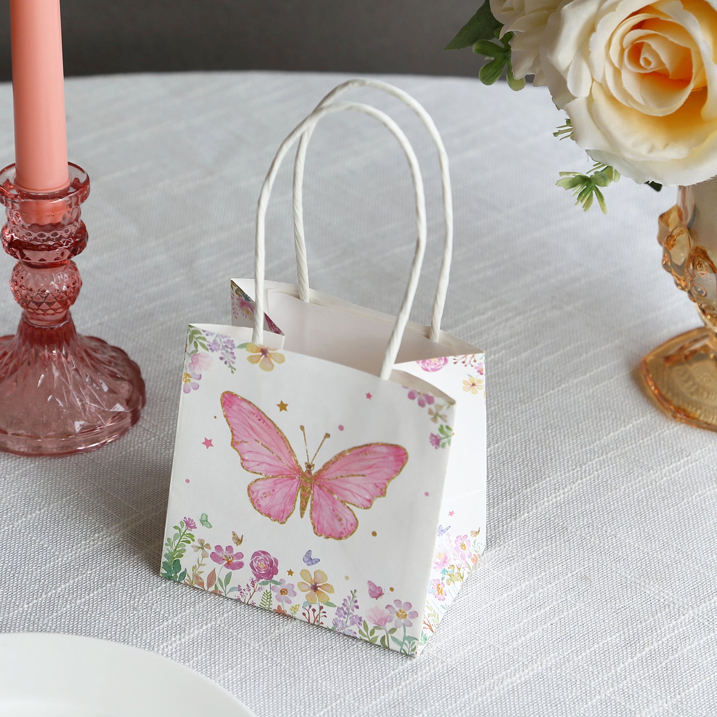 12 Pack Pink Glitter Butterfly Paper Favor Bags With Handles, Floral Print White Goodie Gift Bags - 4"x4"