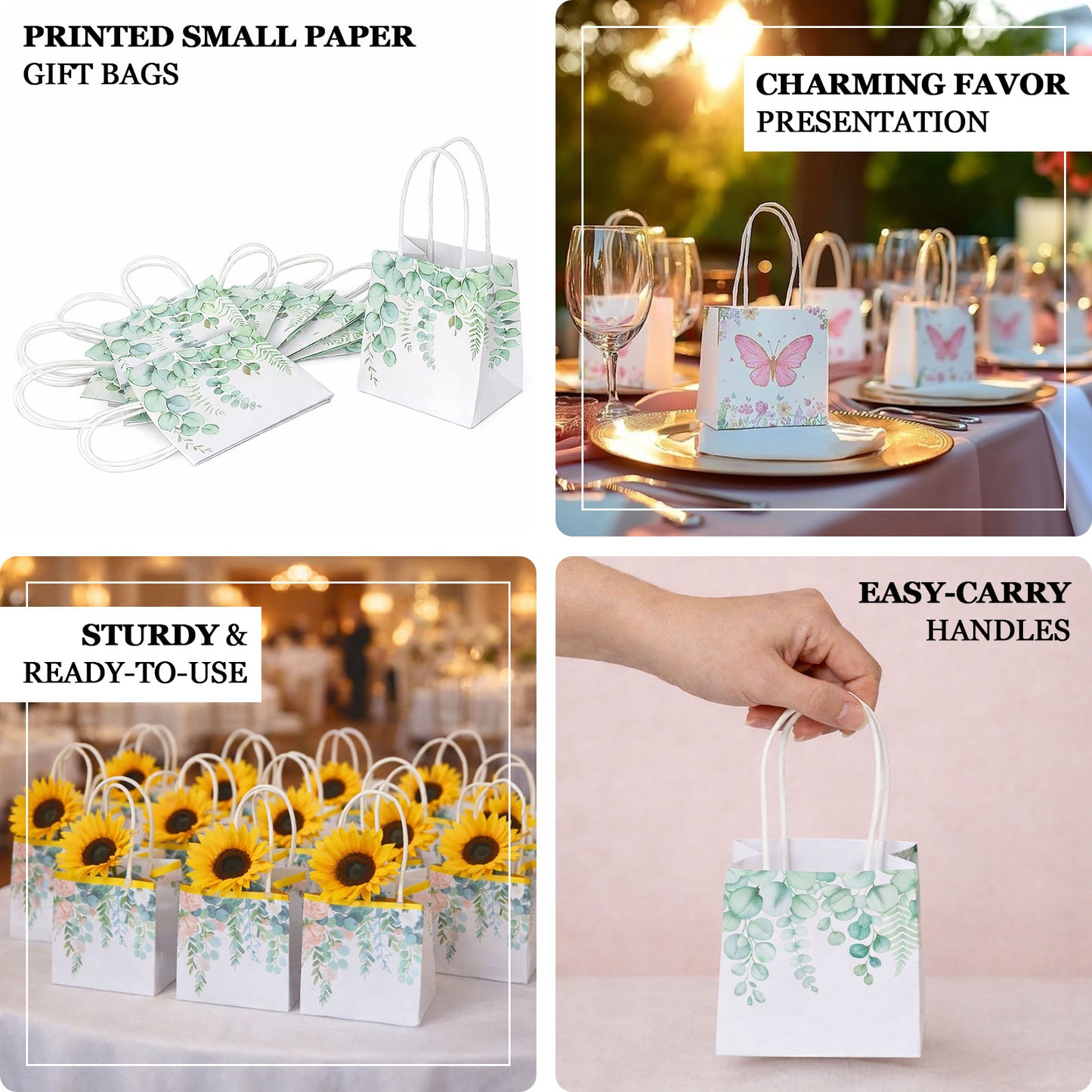12 Pack White Pink Peony Flower Paper Party Favor Bags With Handles, Small Gift Goodie Bags With Gold Edge - 4"x4"