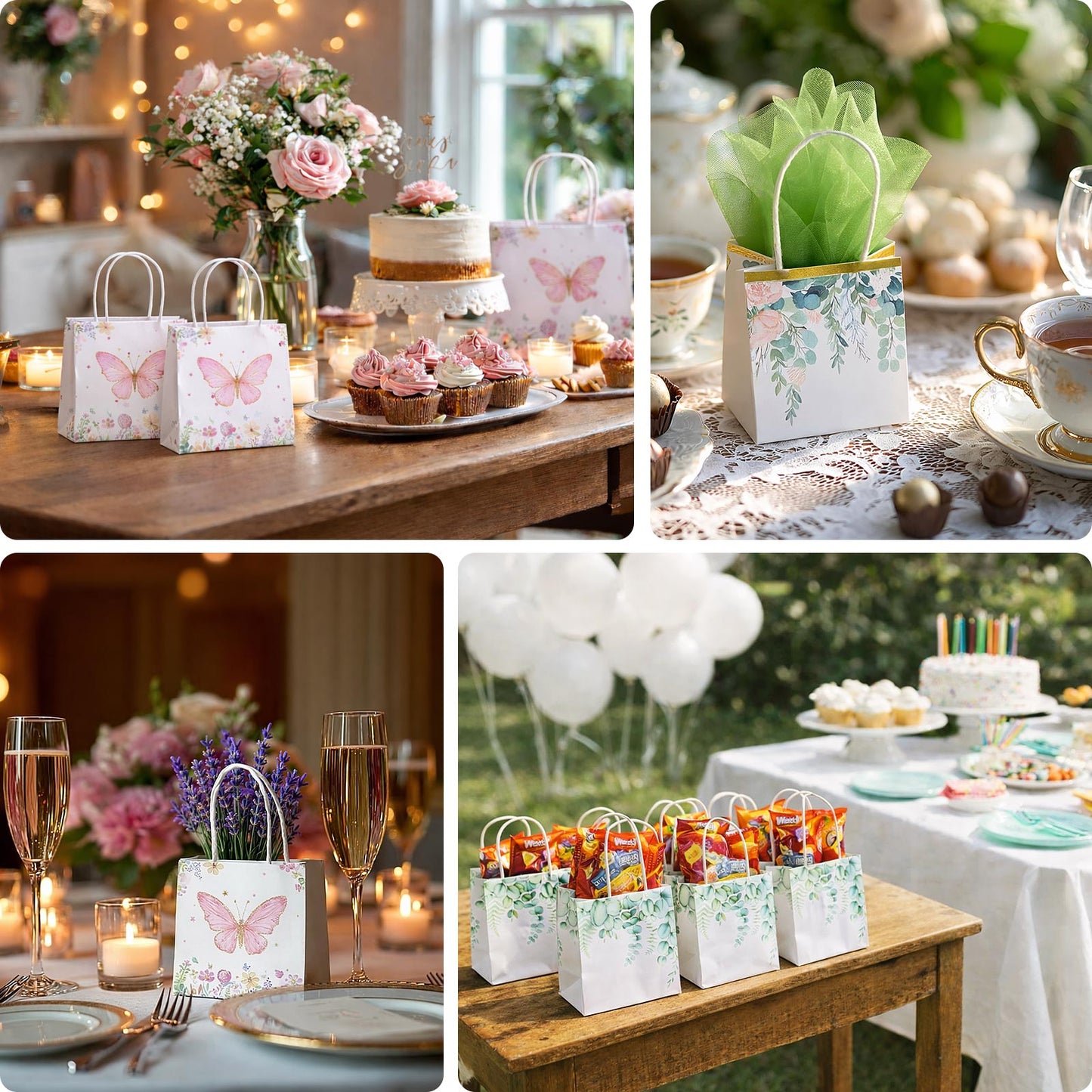 12 Pack White Pink Peony Flower Paper Party Favor Bags With Handles, Small Gift Goodie Bags With Gold Edge - 4"x4"