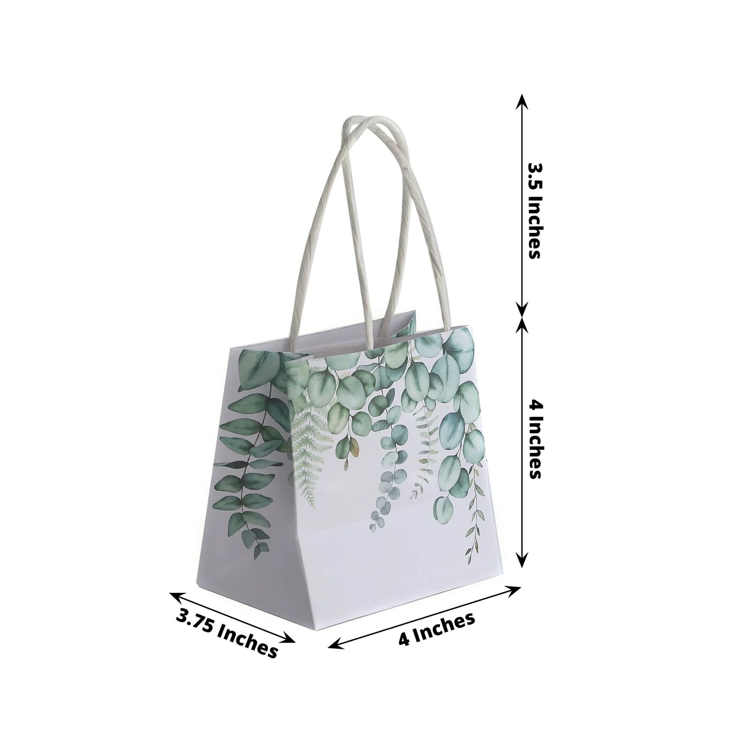 12 Pack White Green Eucalyptus Leaves Paper Party Favor Bags With Handles, Small Gift Goodie Bags - 4"x4"