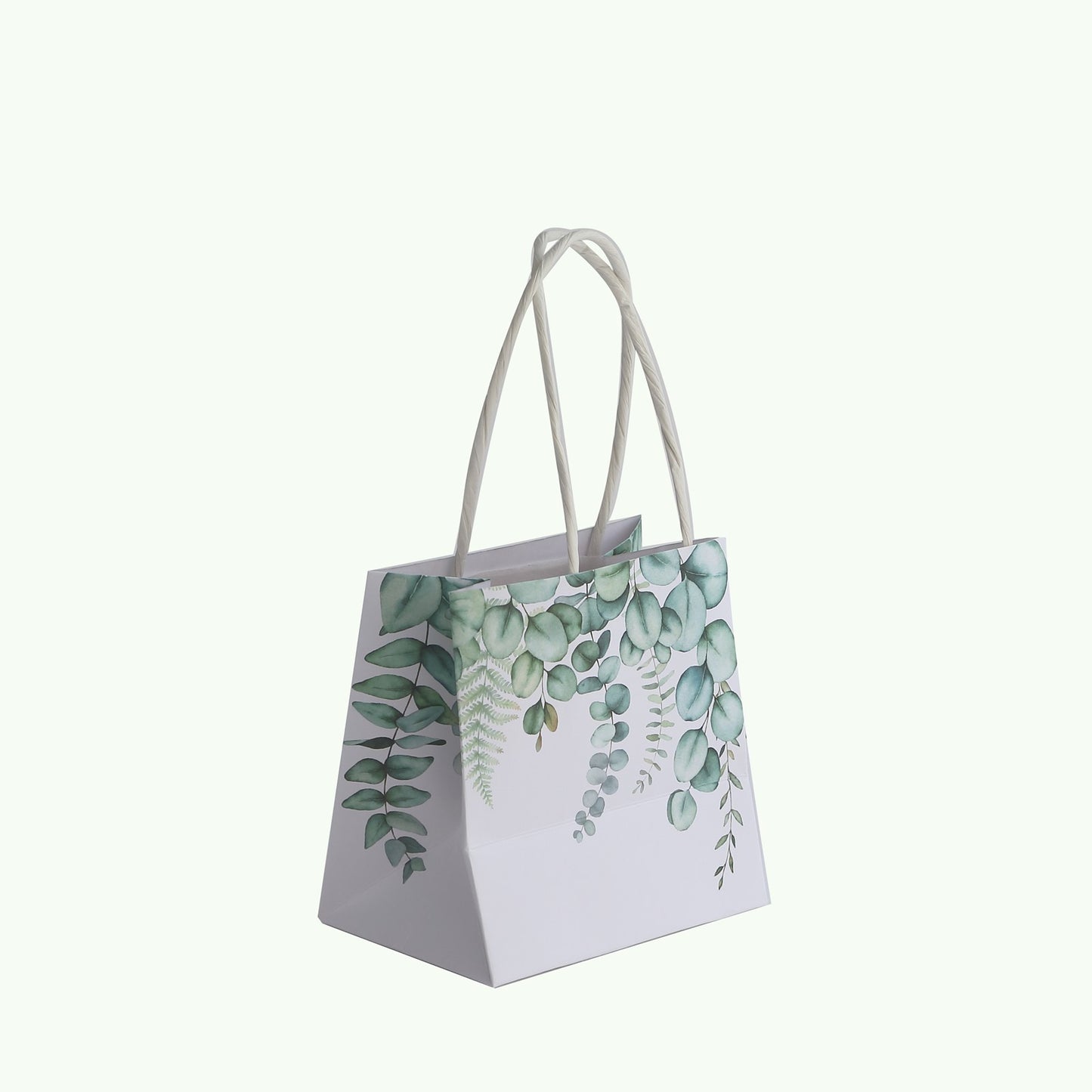 12 Pack White Green Eucalyptus Leaves Paper Party Favor Bags With Handles, Small Gift Goodie Bags - 4"x4"