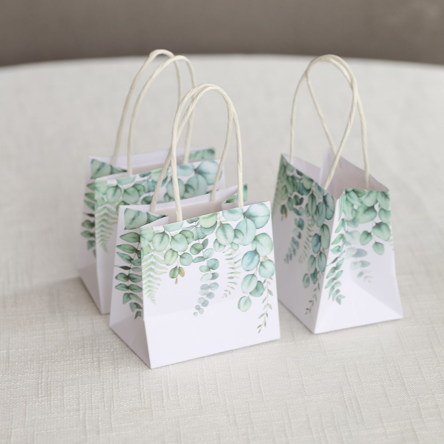 12 Pack White Green Eucalyptus Leaves Paper Party Favor Bags With Handles, Small Gift Goodie Bags - 4"x4"