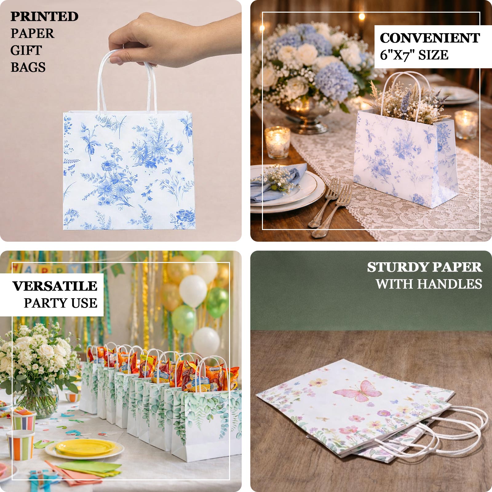 12 Pack White Blue Paper Gift Bags With Handles in French Toile Pattern, Party Favor Goodie Bags - 6"x7"