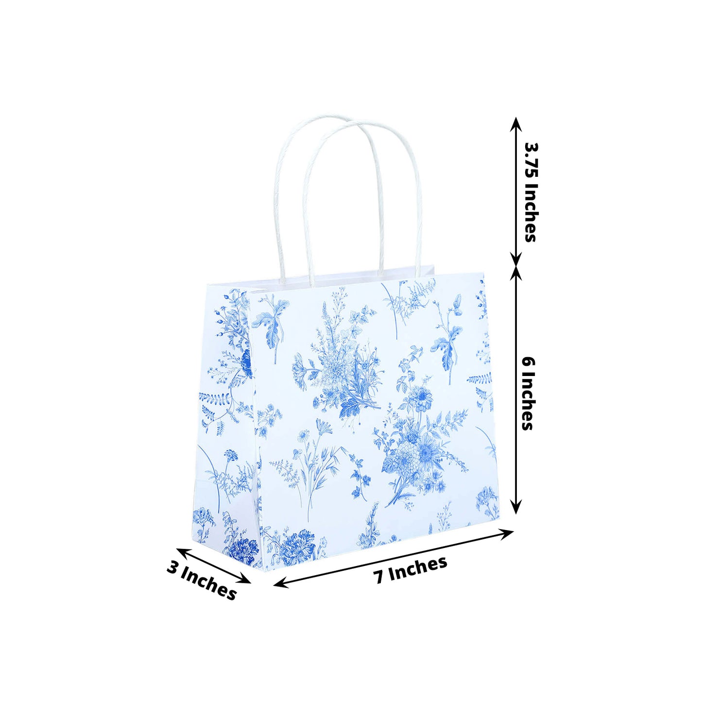 12 Pack White Blue Paper Gift Bags With Handles in French Toile Pattern, Party Favor Goodie Bags - 6"x7"