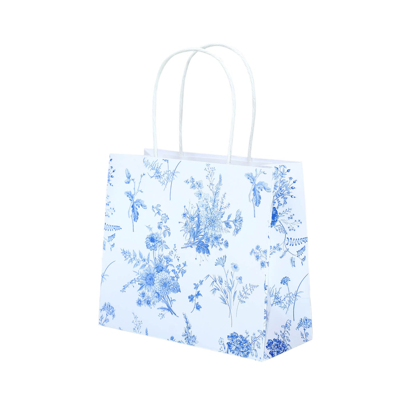 12 Pack White Blue Paper Gift Bags With Handles in French Toile Pattern, Party Favor Goodie Bags - 6"x7"